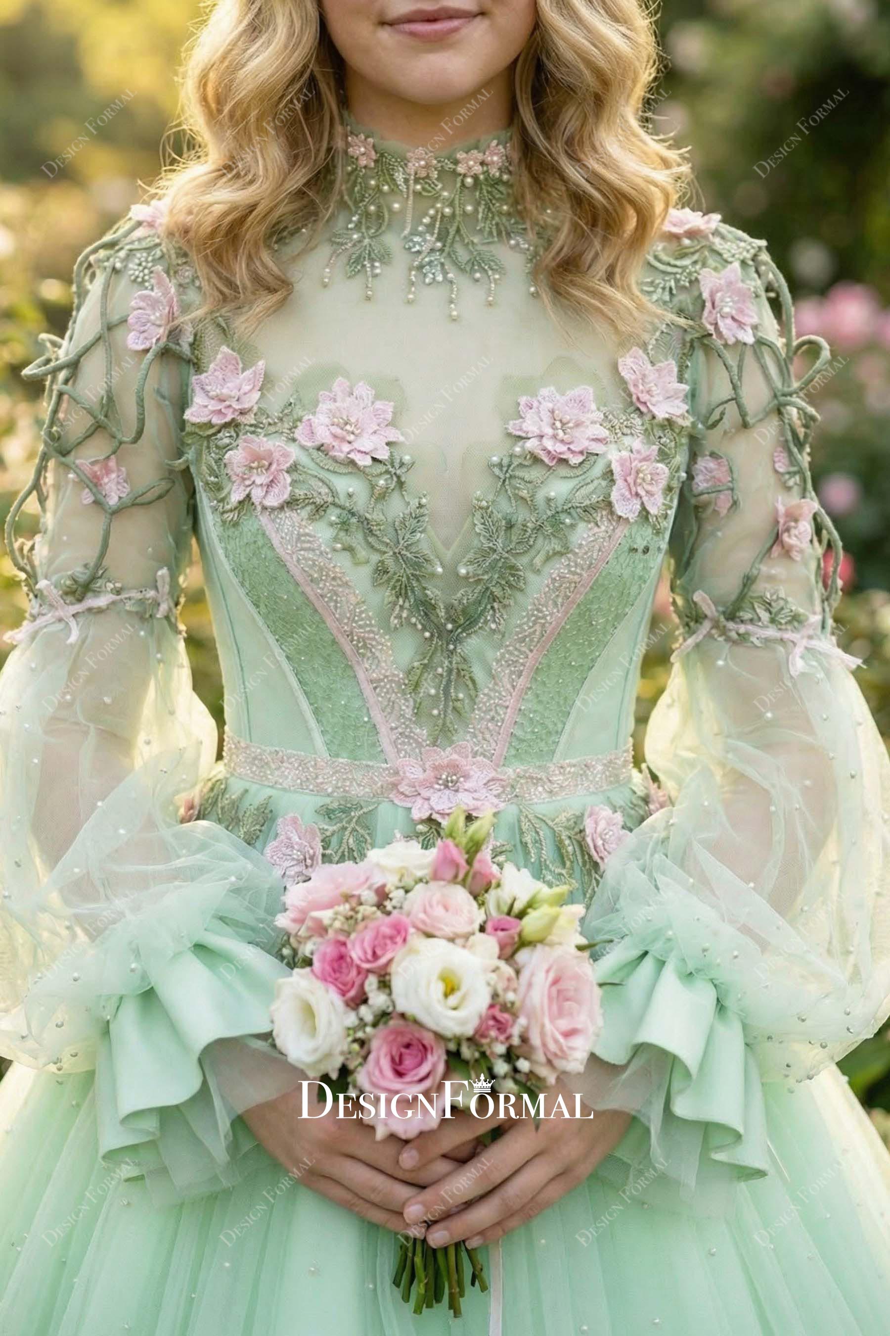 illusion high neck flowers colored wedding  dress