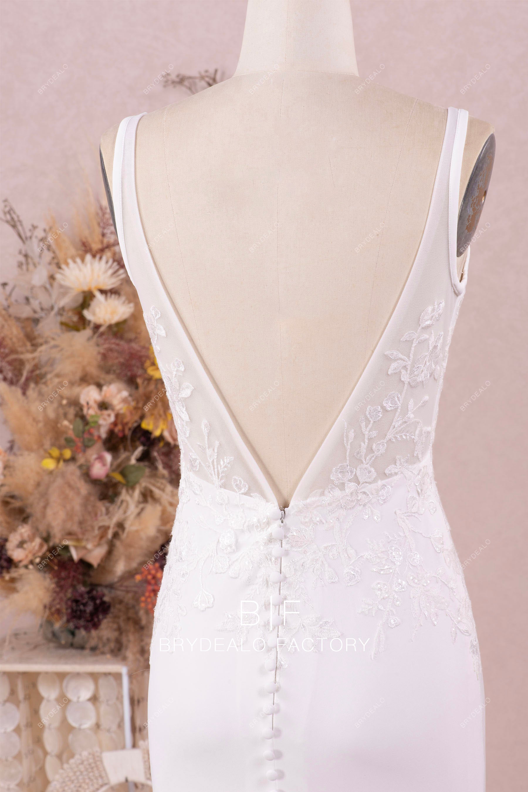 illusion lace V-back tailored wedding gown