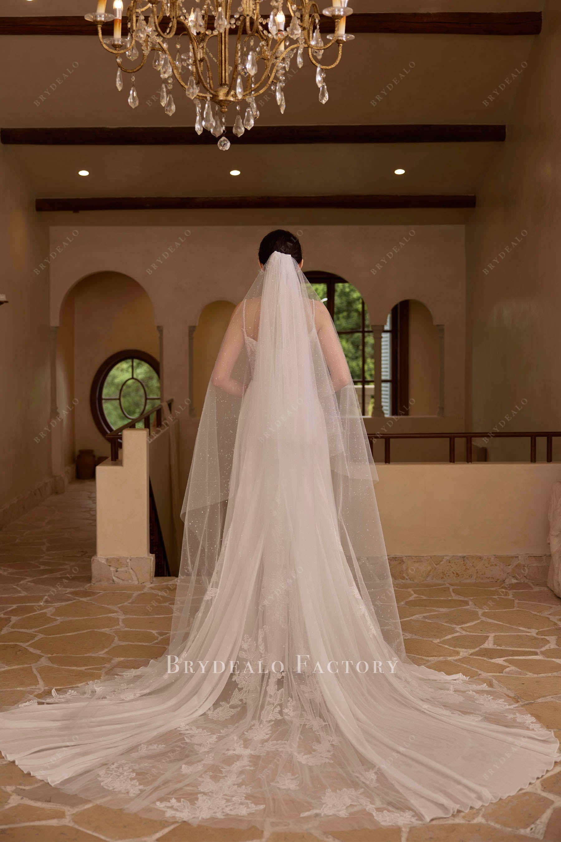 Illusion lace chapel train wedding dress