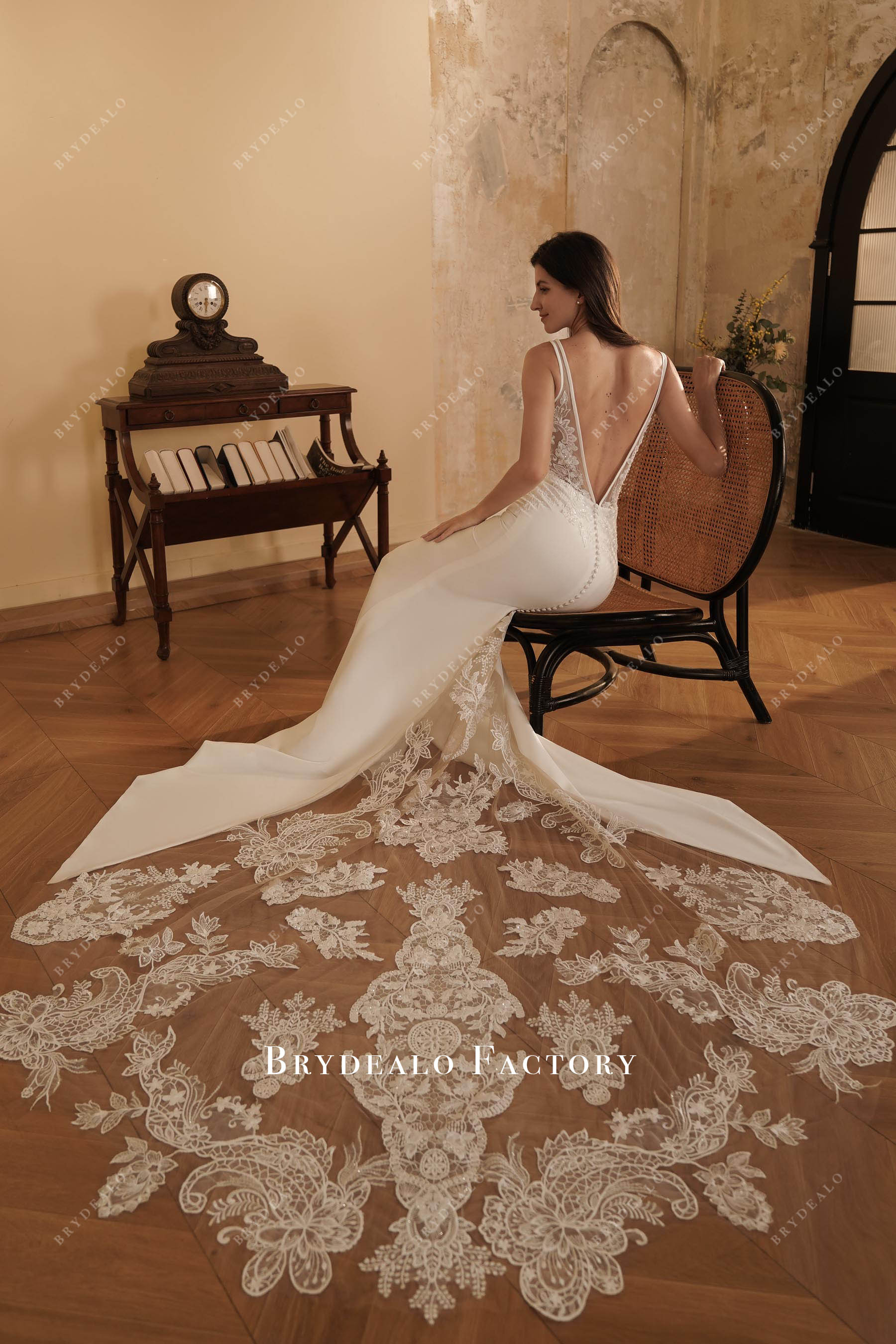 illusion lace godet wedding dress