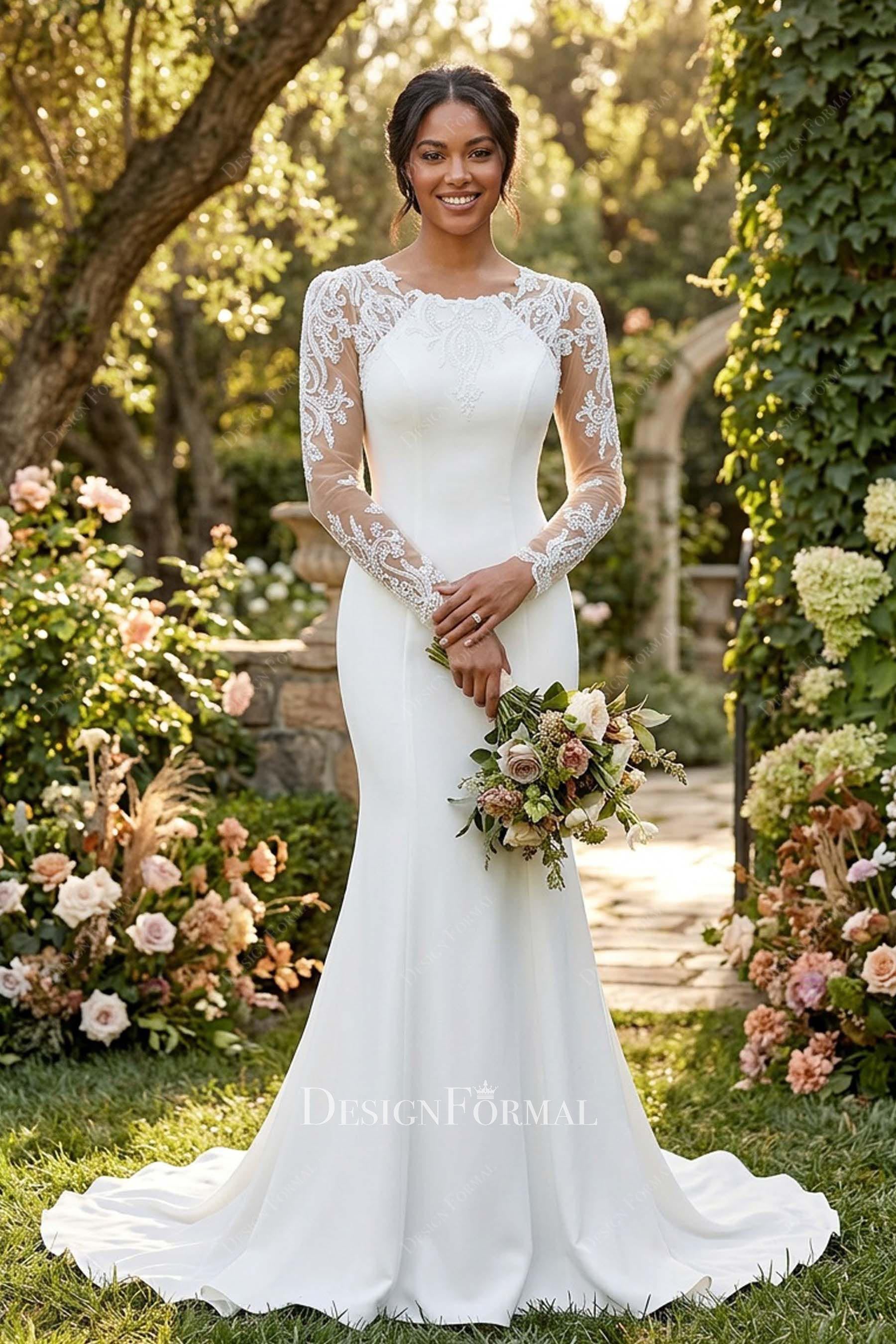 illusion lace long sleeve bridal dress