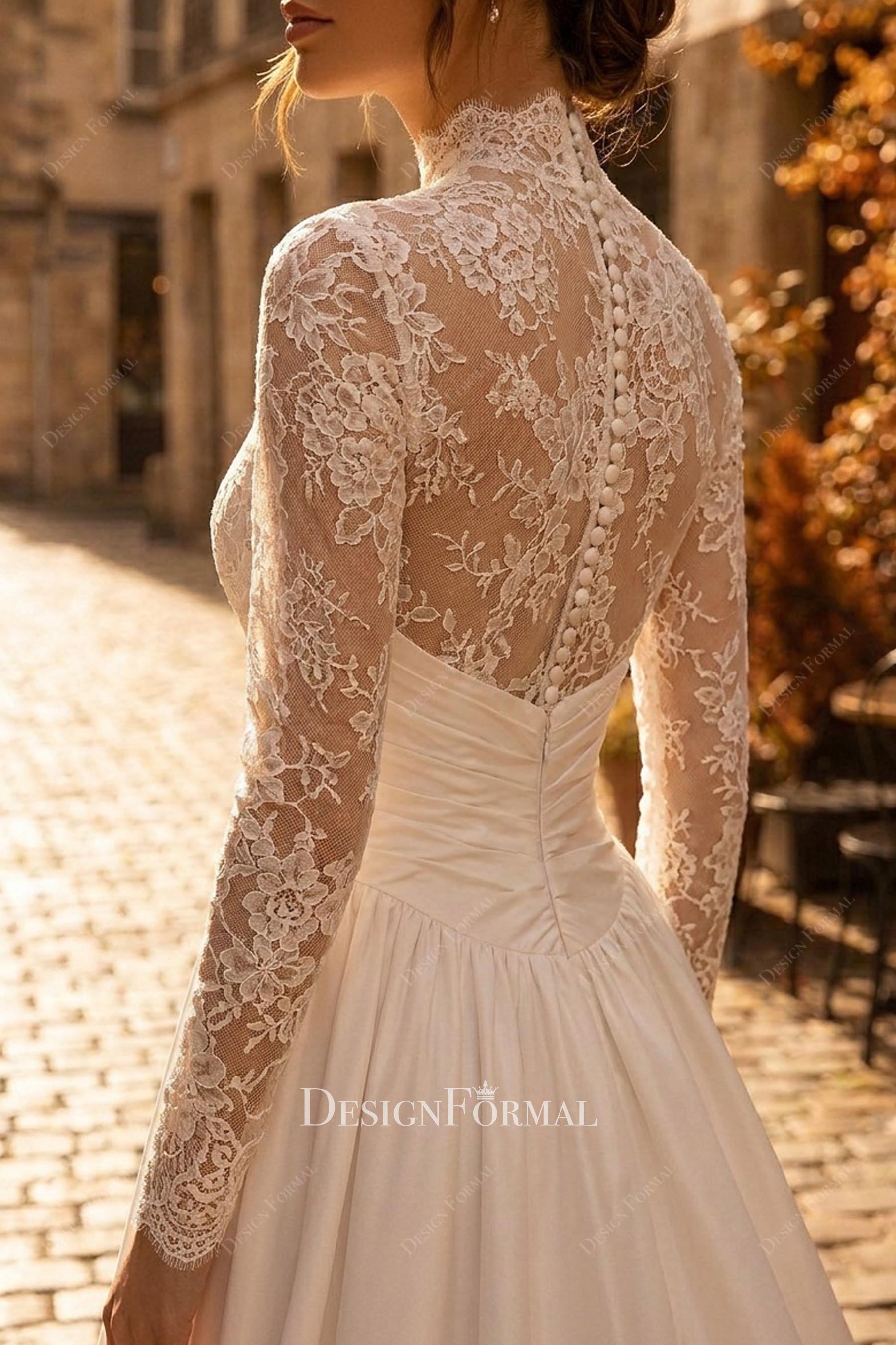 illusion lace long sleeve taffeta wedding dress