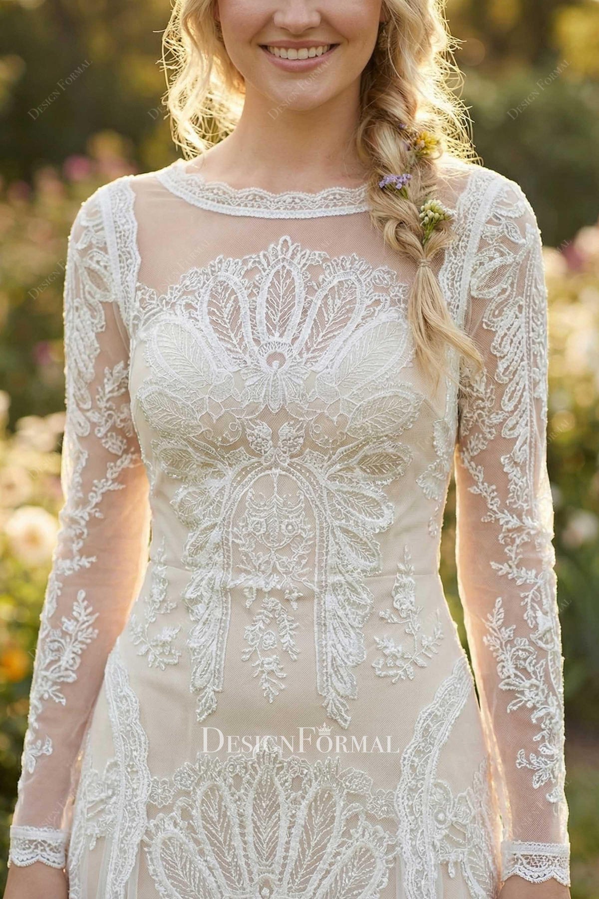 illusion lace long sleeves bridal dress