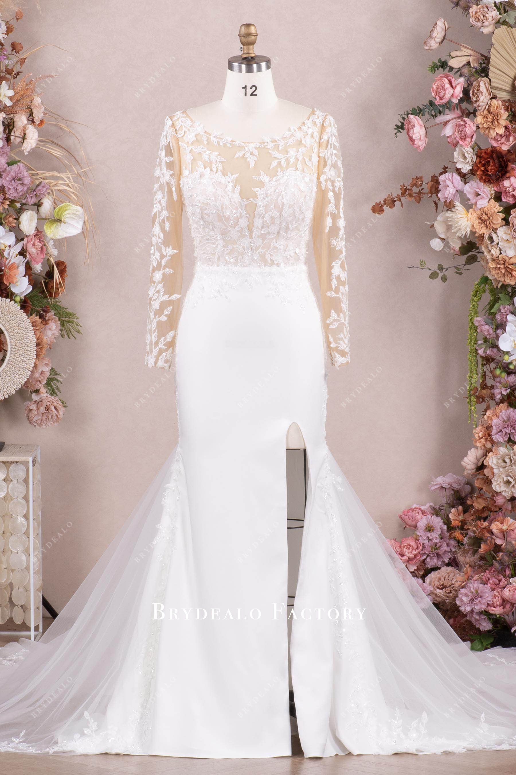 illusion lace sleeve crepe wedding dress