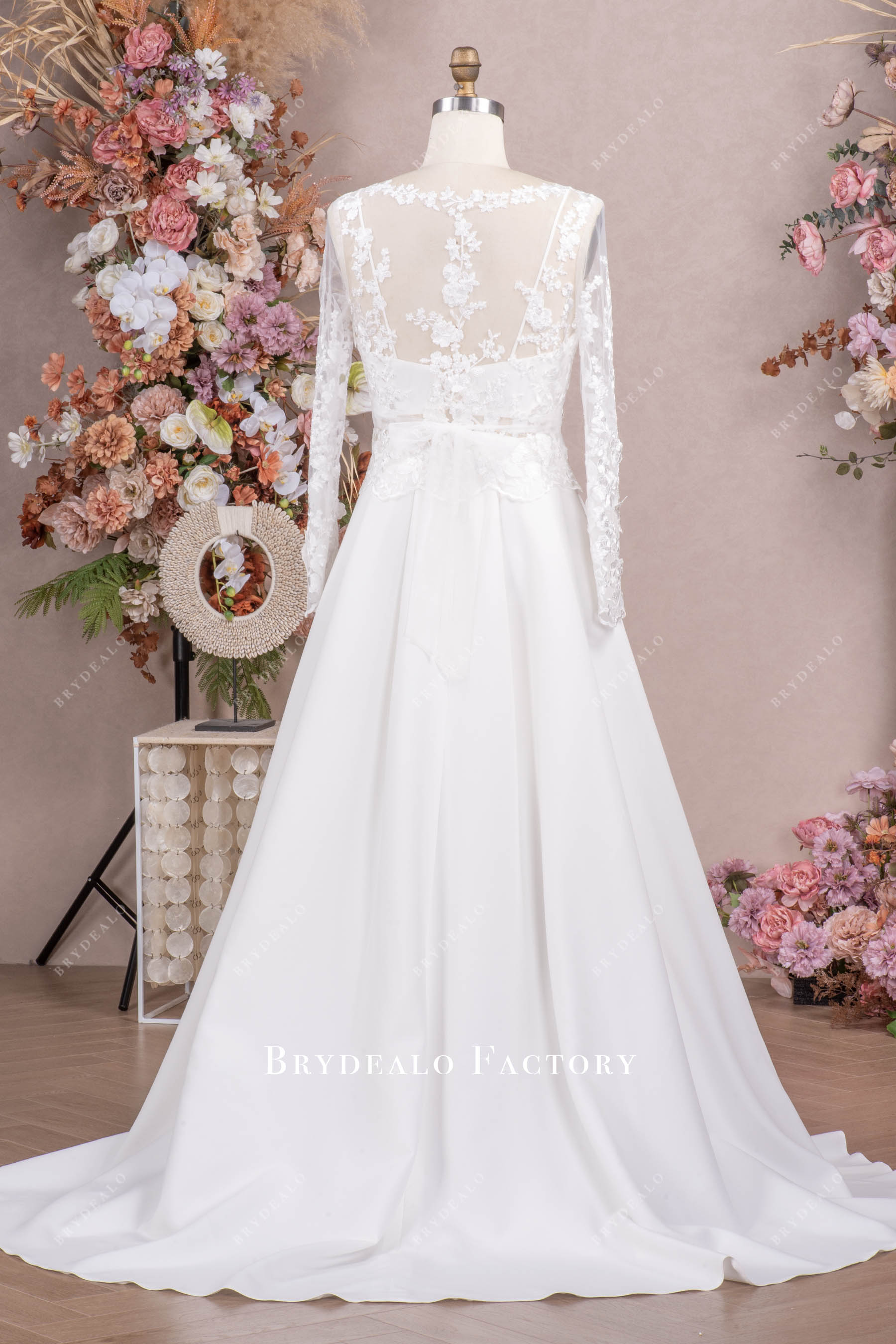 illusion lace sleeve crepe wedding dress