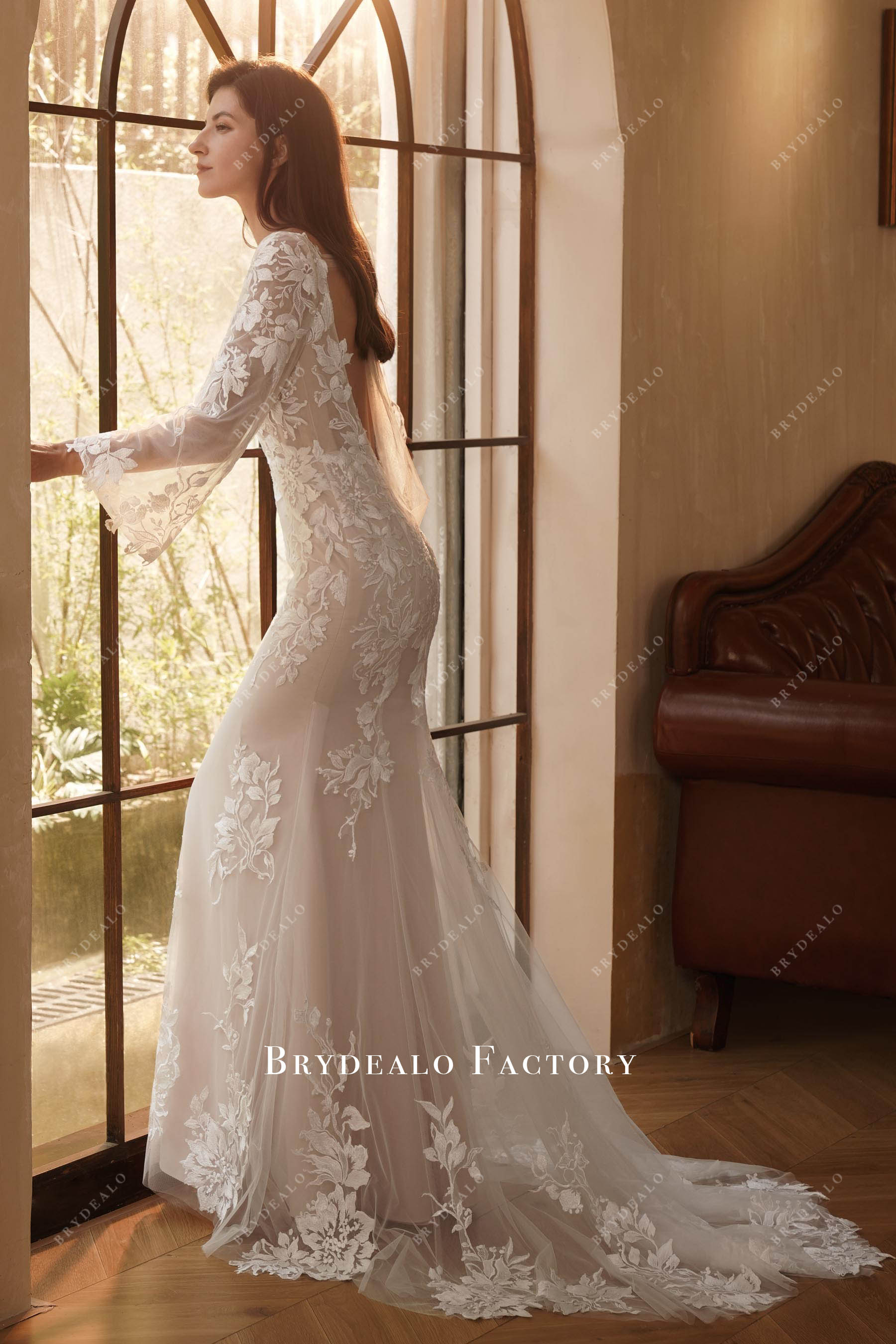 illusion lace train wedding dress