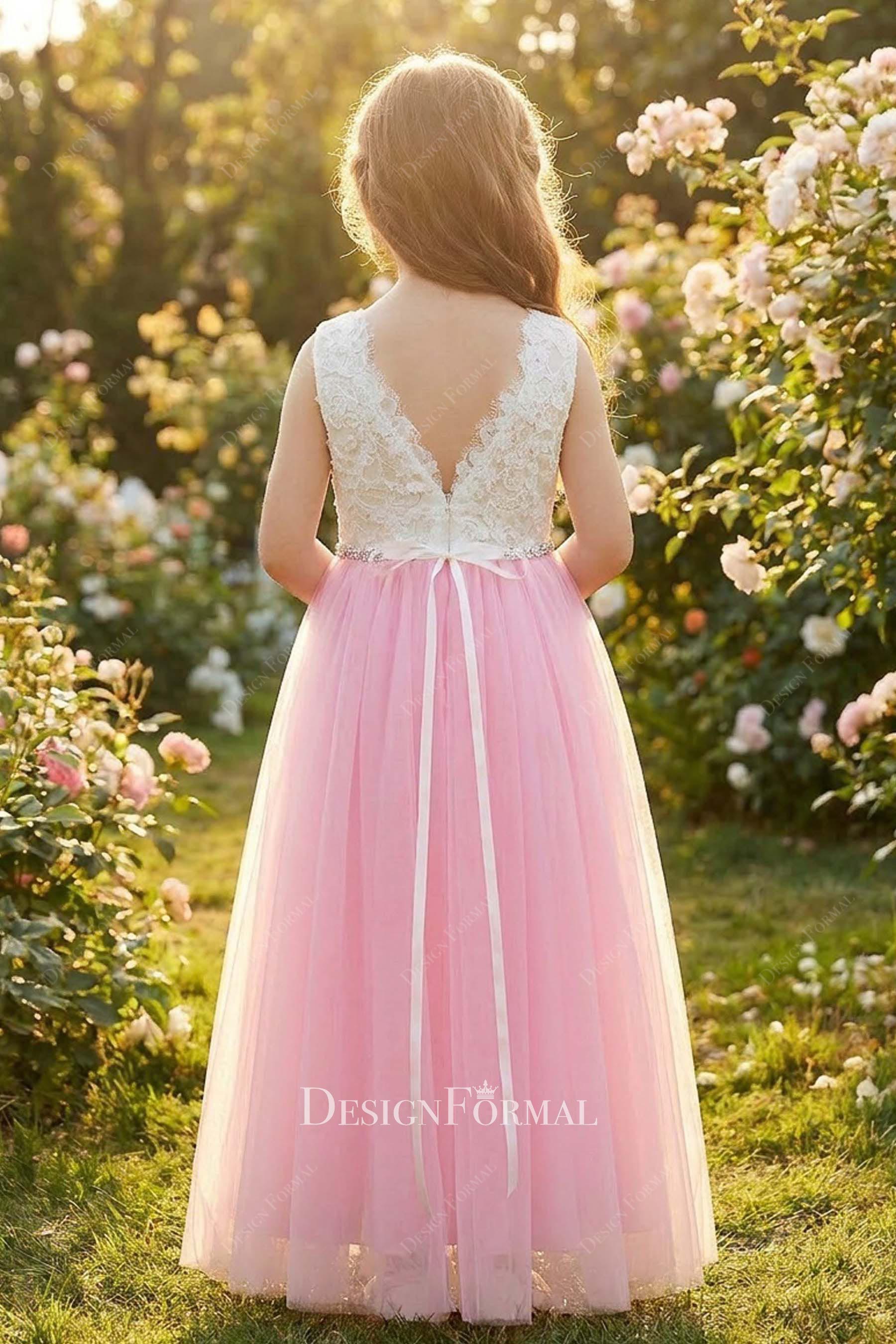illusion lace v back flower girl dress