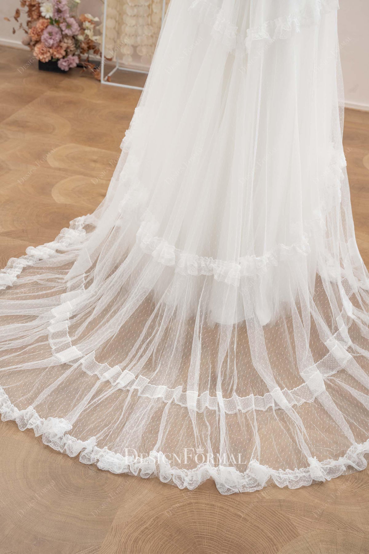 illusion layered train boho wedding dress
