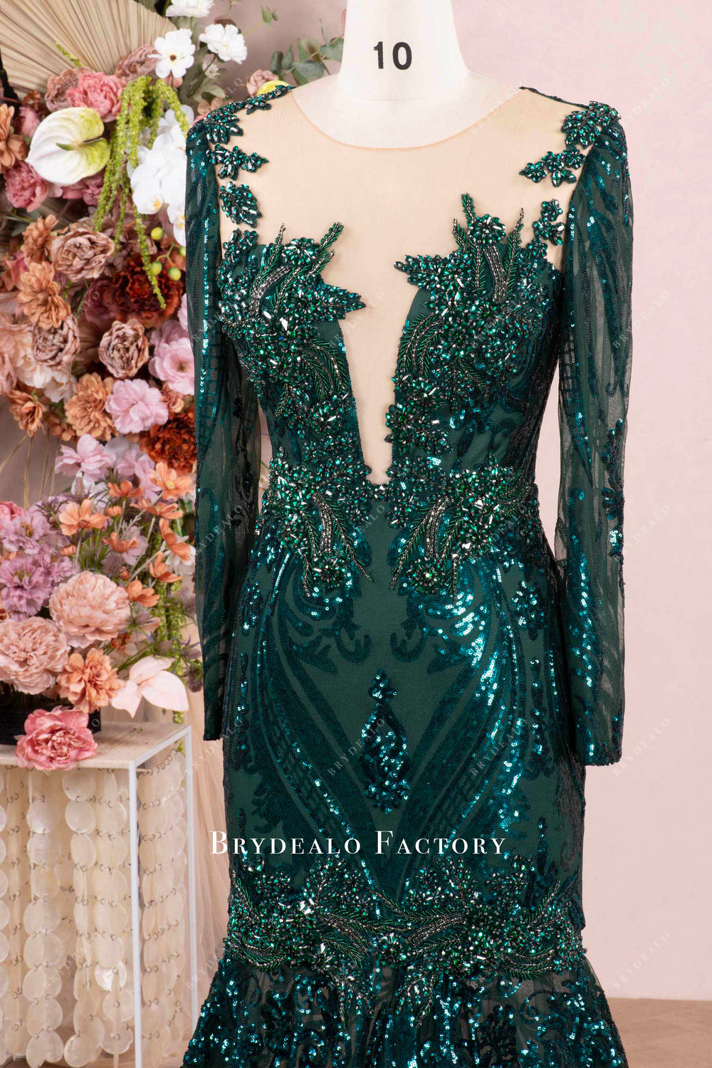 Sparkly Dark Green Sequin Feather Long Prom Dress