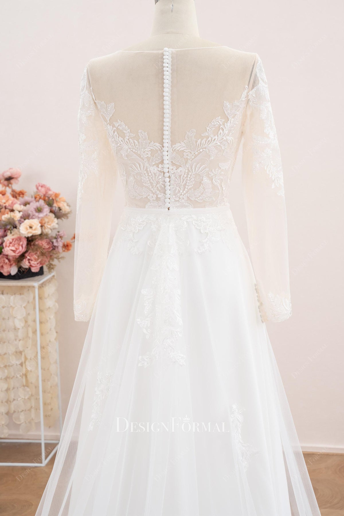 illusion long sleeved lace wedding dress