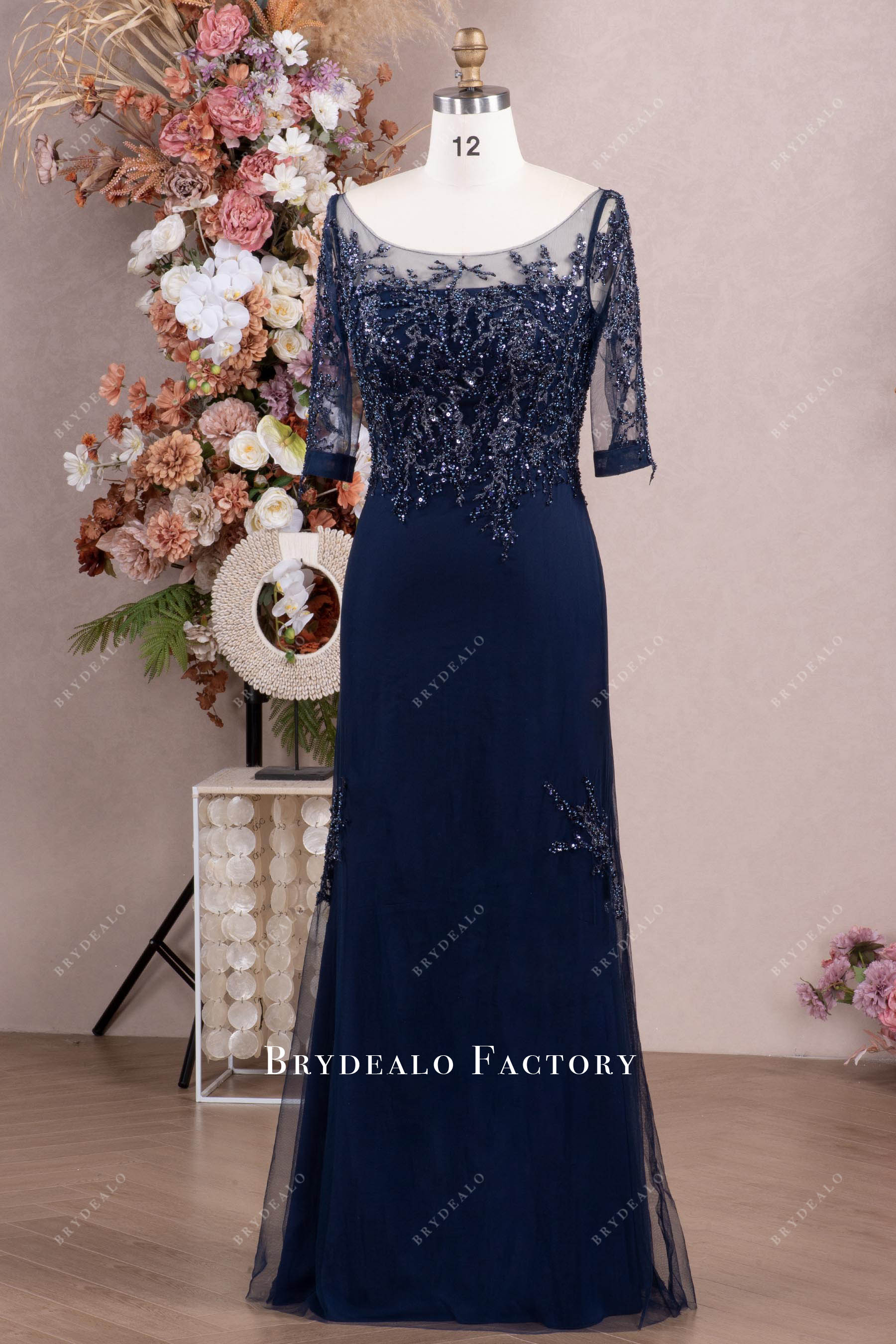 illusion neck beaded lace mother of bride dress