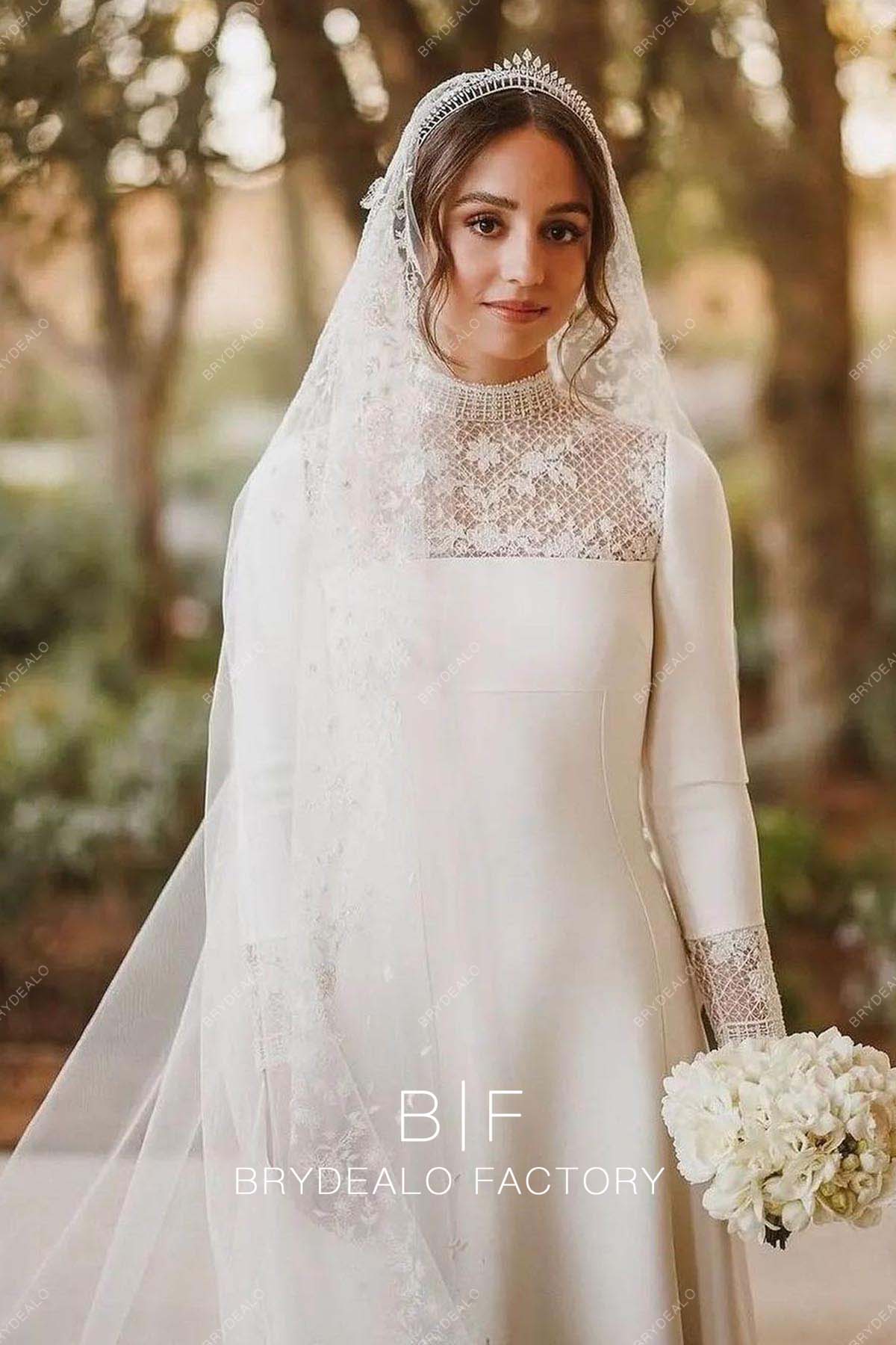 designer lace illusion neck crepe bridal dress