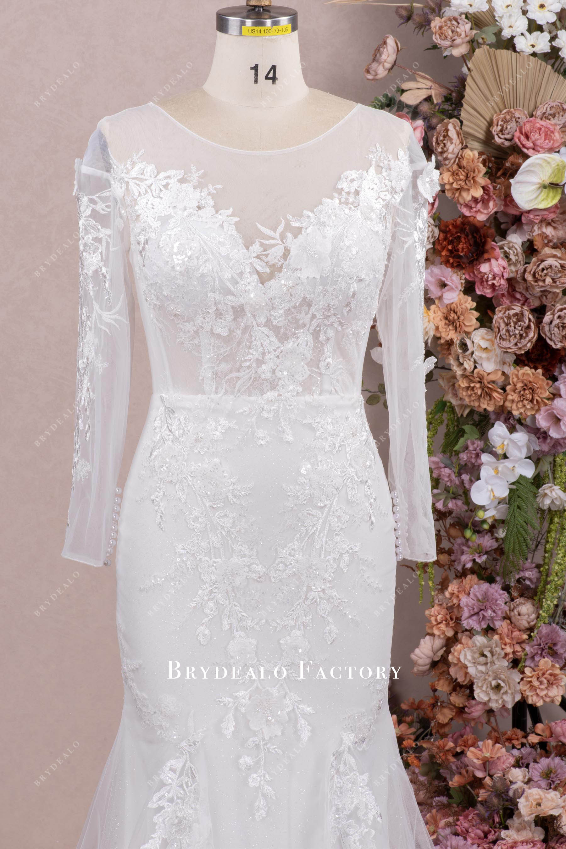 illusion neck long sleeve lace wedding gown