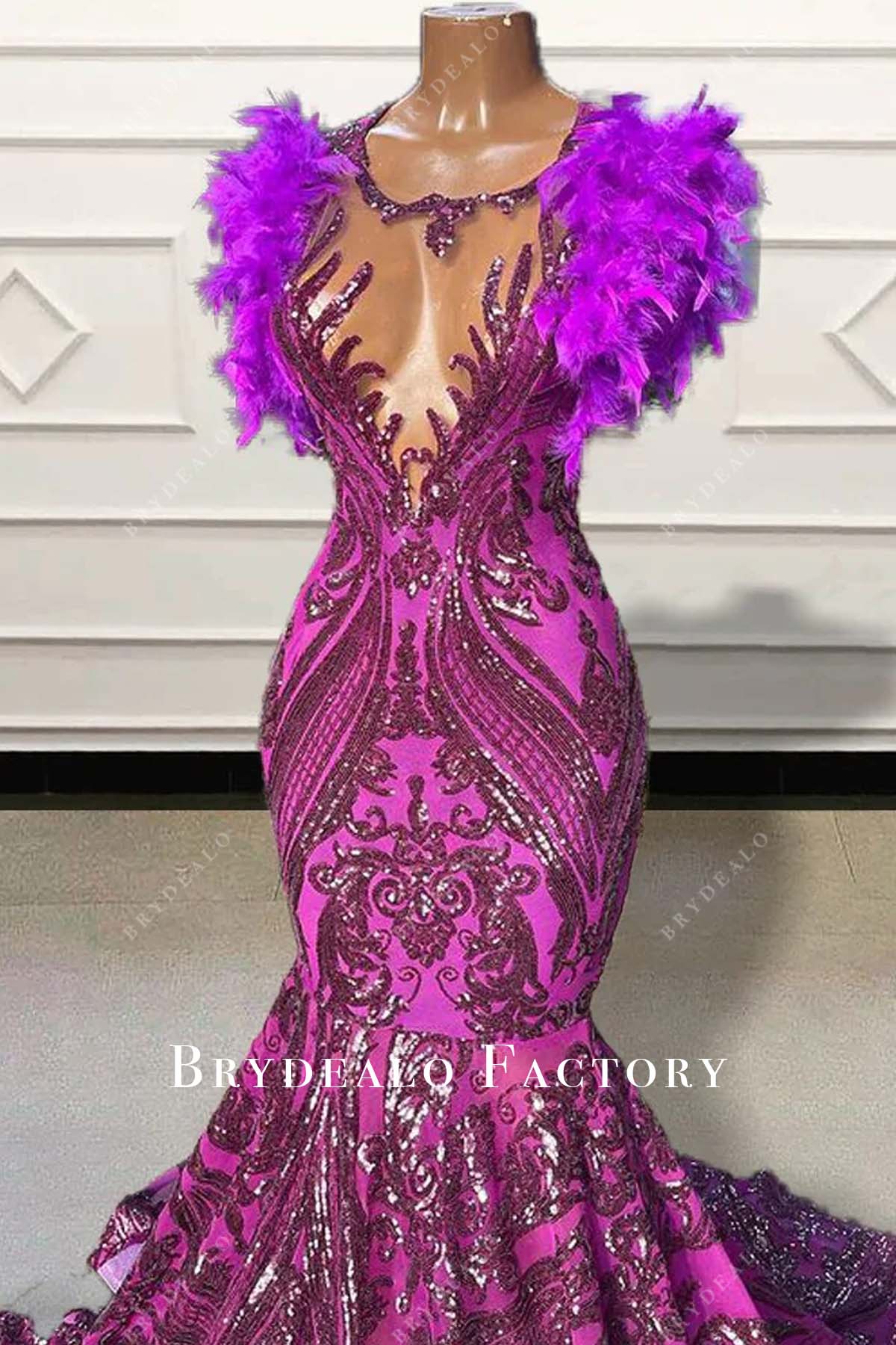 fuchsia turkey feathers illusion neck prom gown