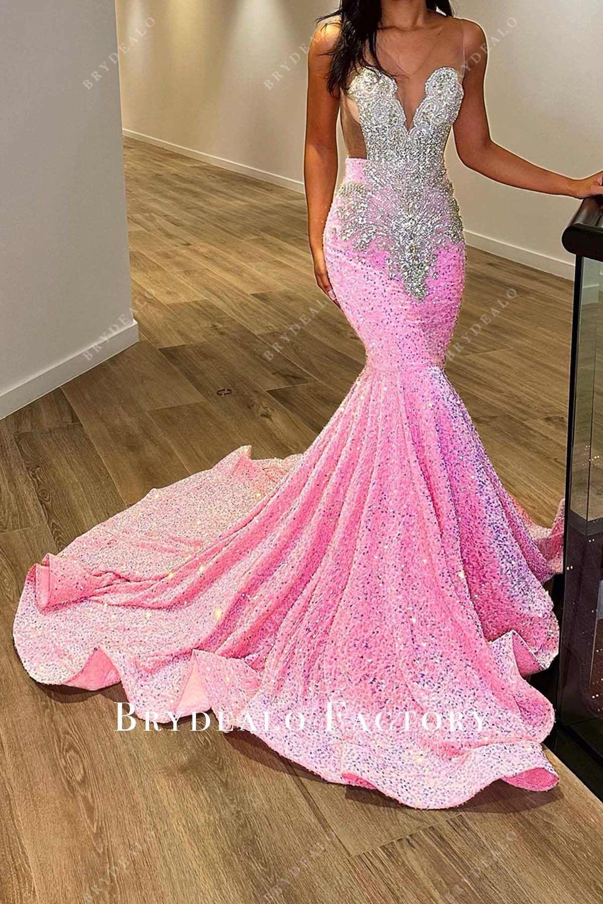 Rhinestones V-neck Pink Sequin Mermaid Prom Dress