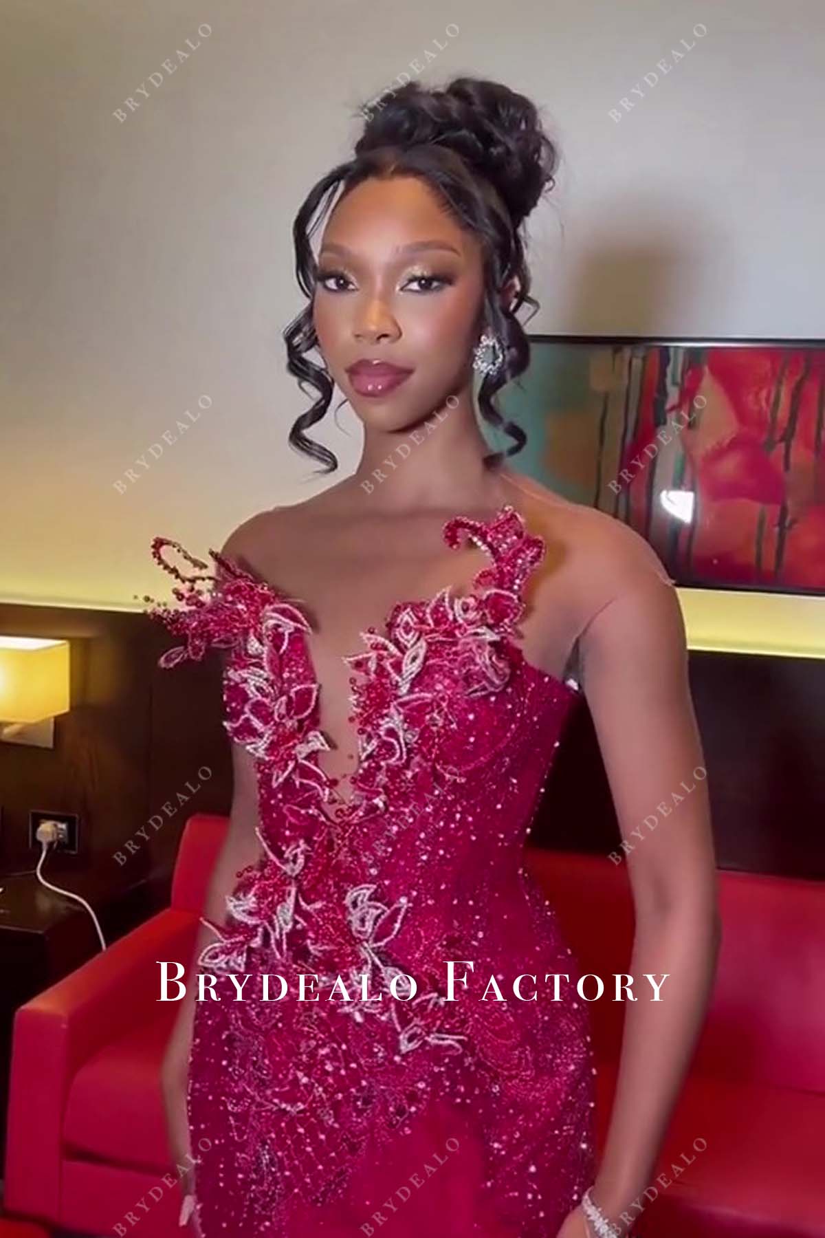 illusion neck shimmer red prom dress