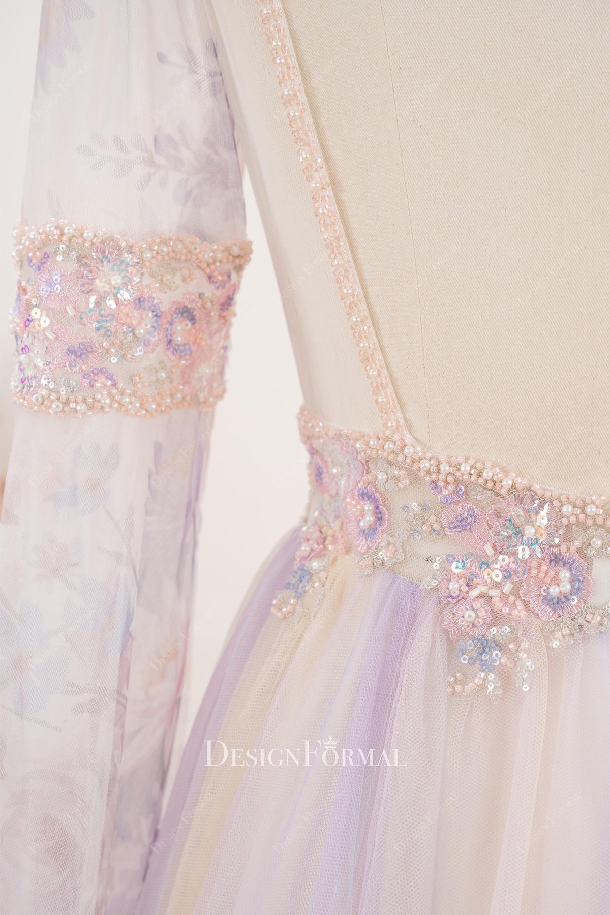 illusion sleeve rainbow beaded waist low back wedding dress