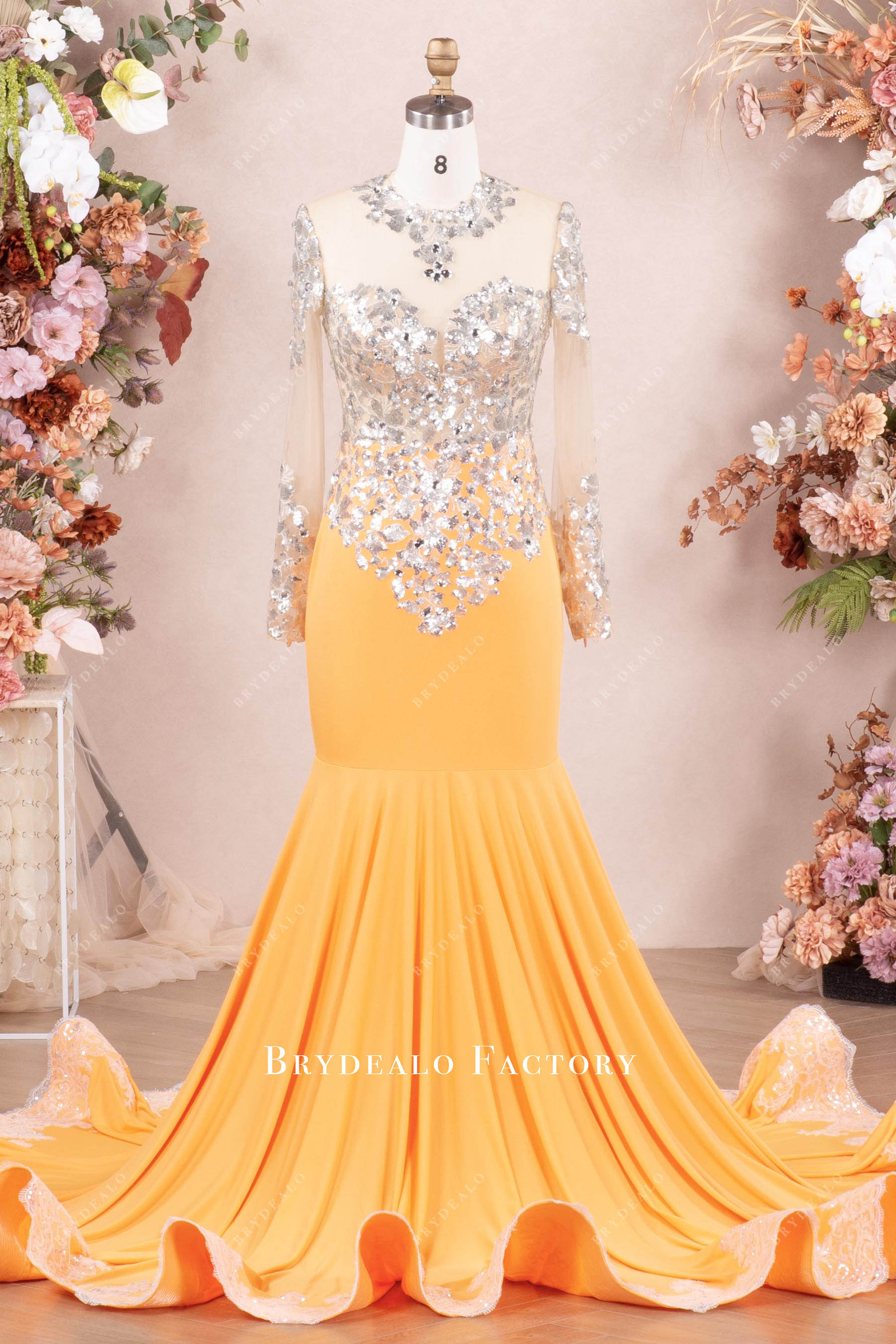 illusion sleeve orange jersey mermaid prom dress