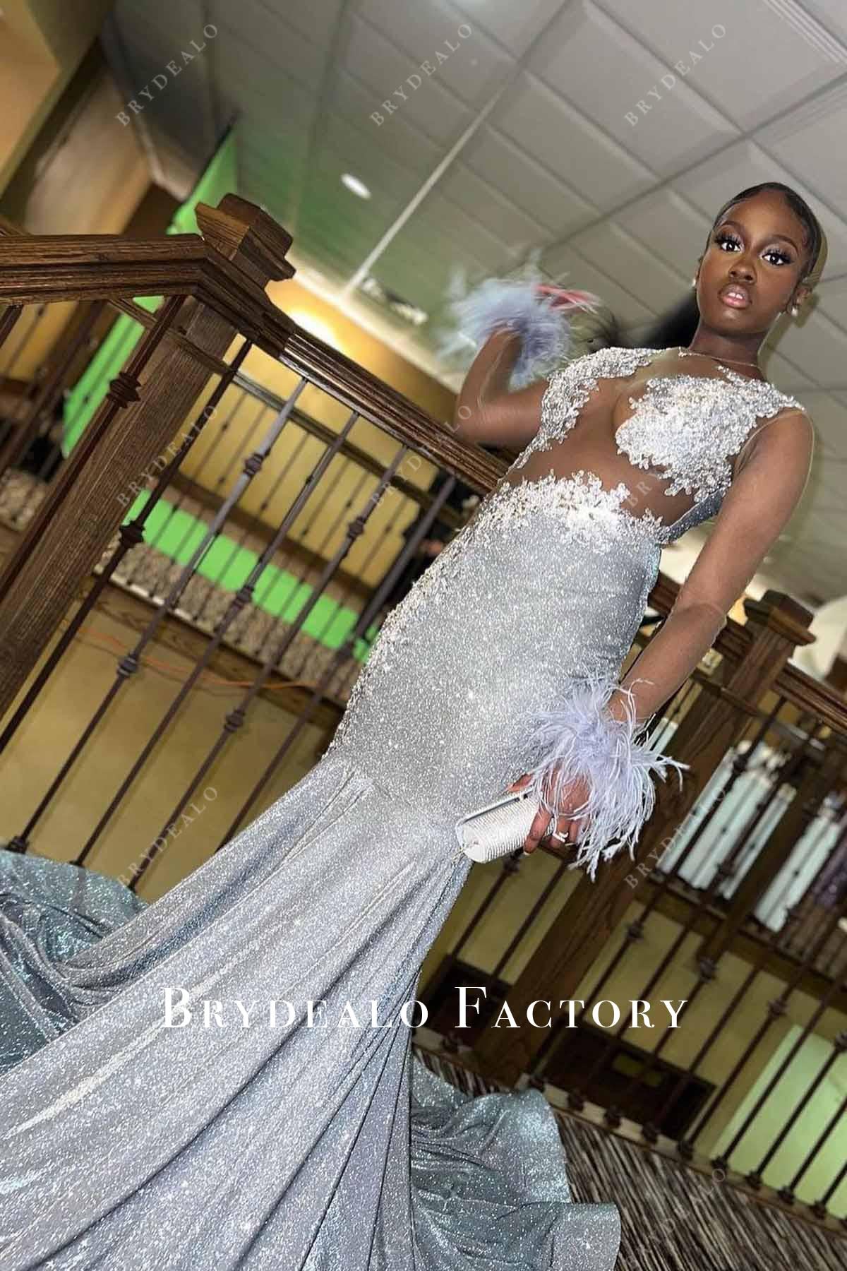 illusion sleeves trumpet prom dress