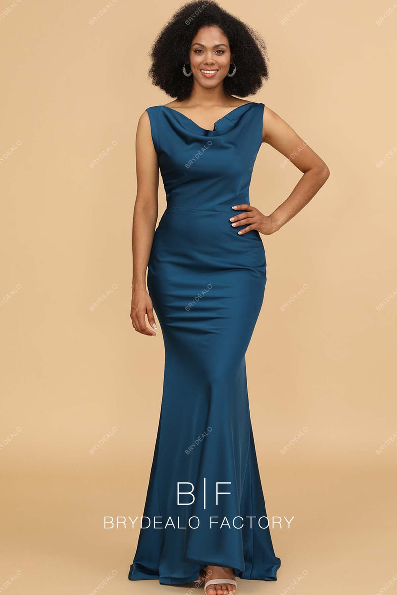 Elegant Ink Blue Satin Cowl Neck Mermaid Long Bridesmaid Prom Dress