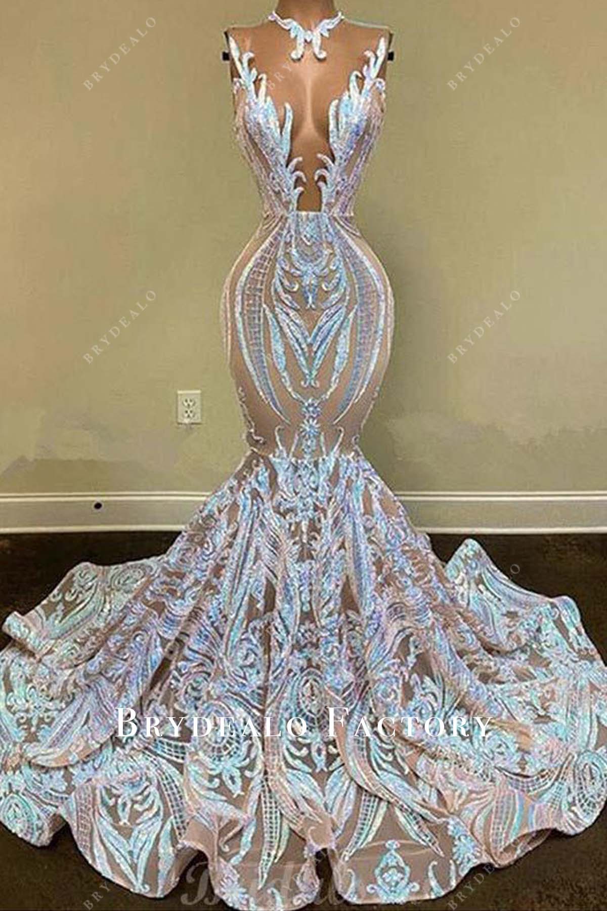 Iridescent Sequin Sleeveless Horsehair Mermaid Prom Dress