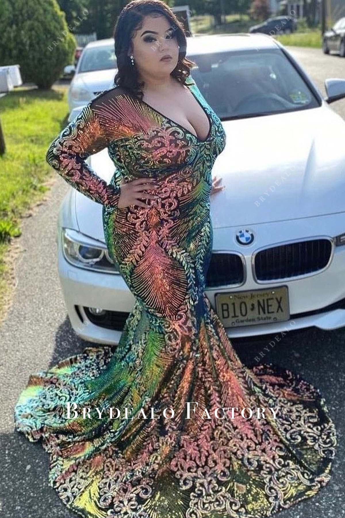 iridescent plus size long sleeves mermaid prom dress