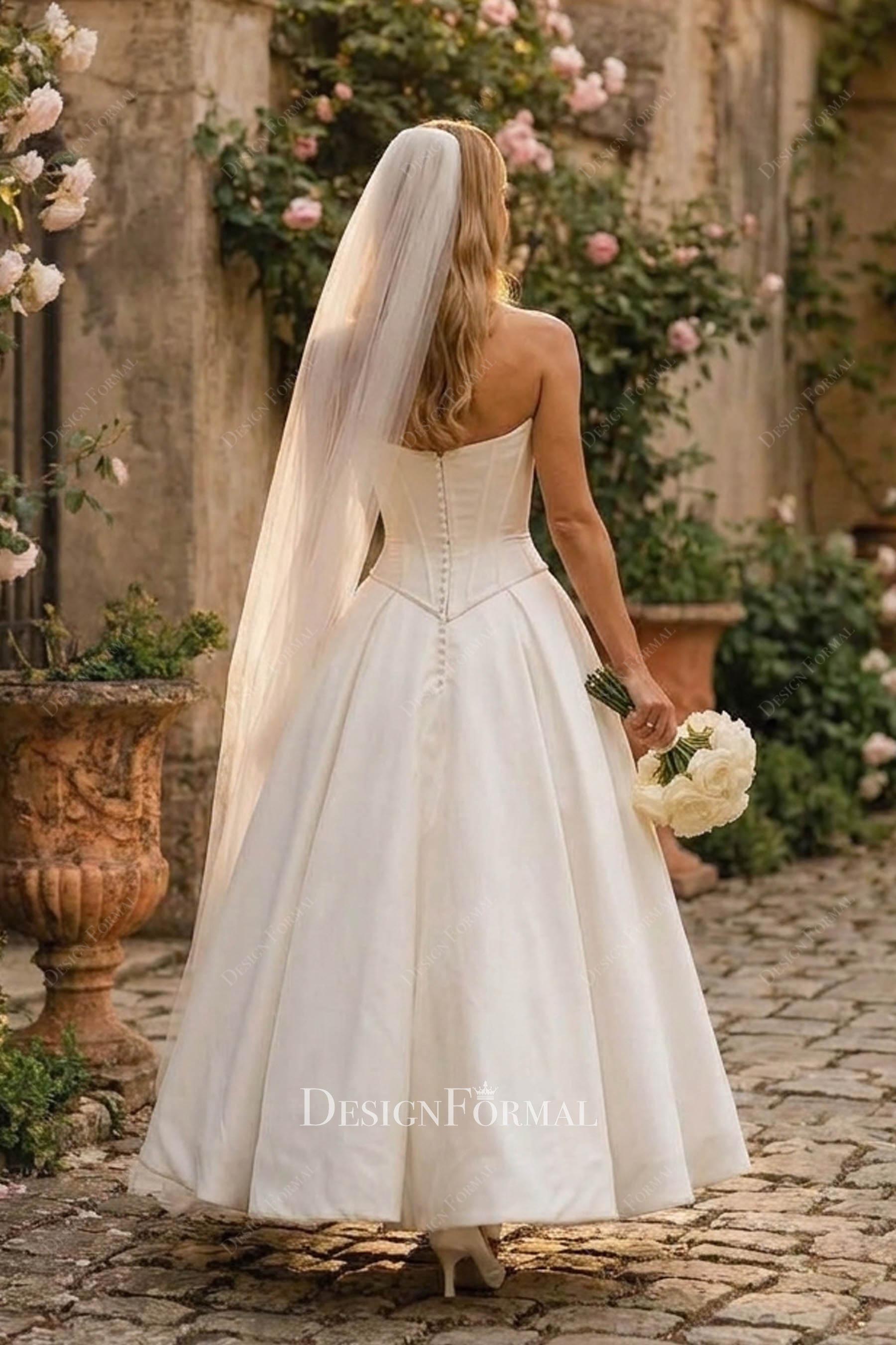 ivory ankle length Mikado wedding dress 