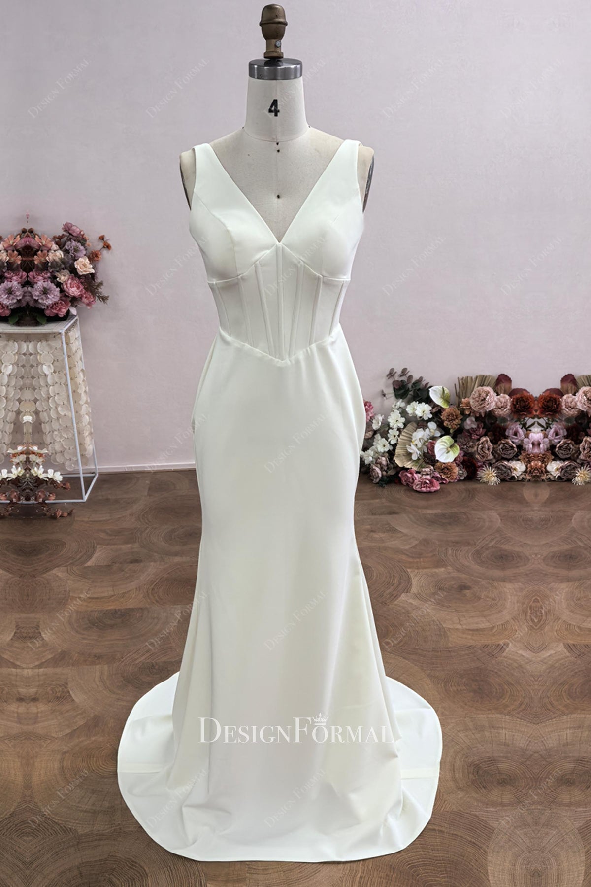 Custom Corset Ivory Crepe Basque Waist Bridal Gown