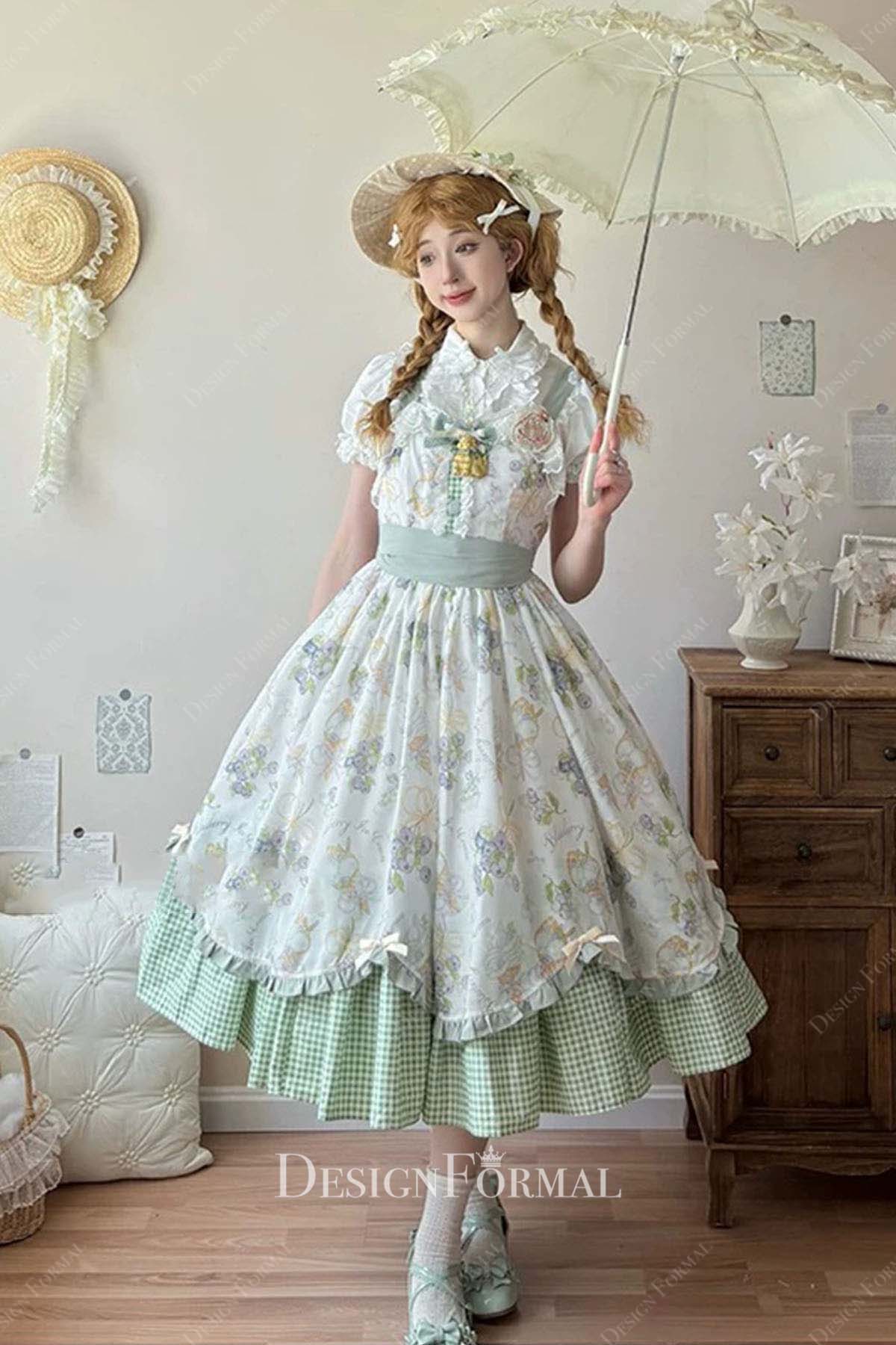 ivory green puffy short lolita dress