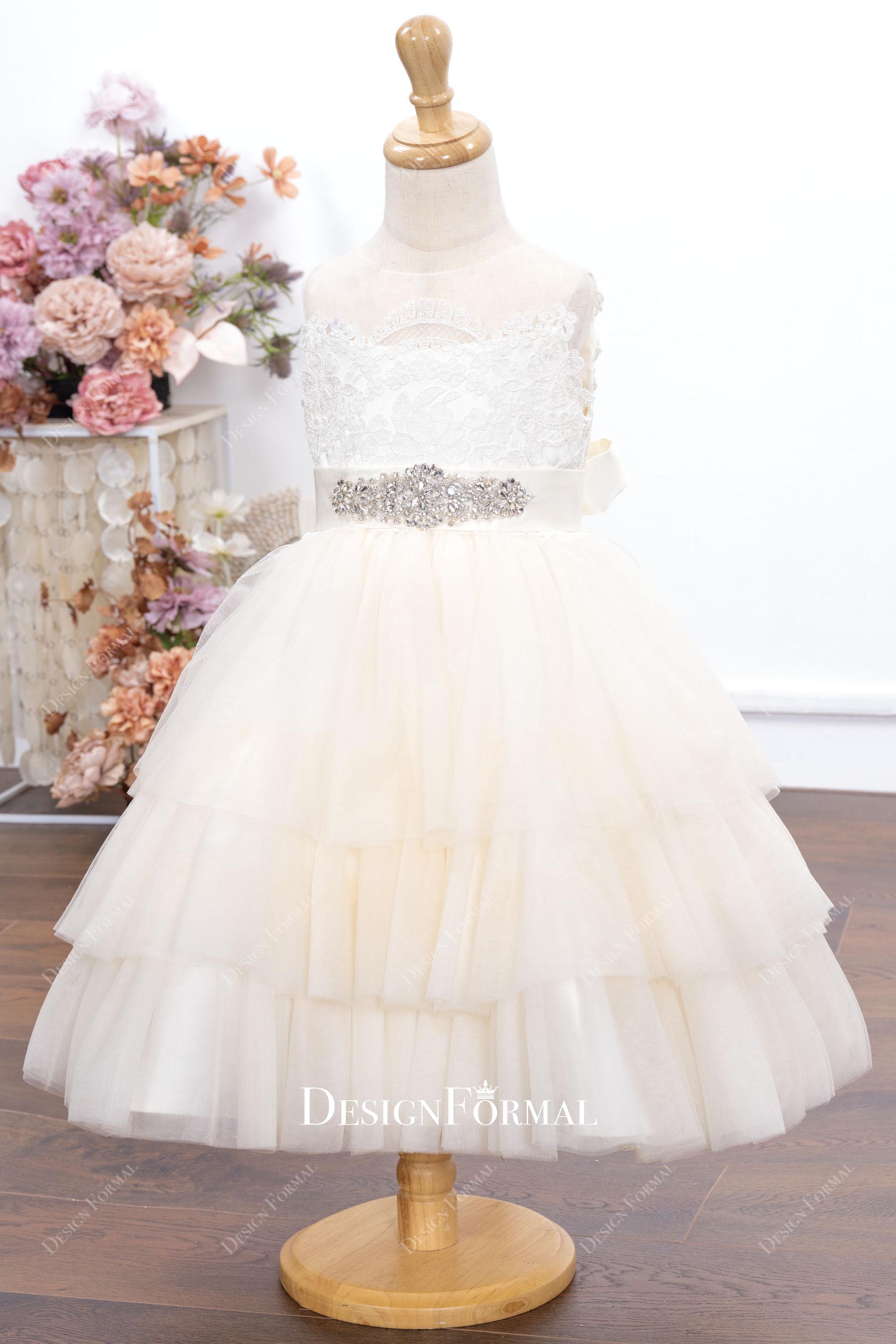 ivory rhinestones waistband flower girl dress