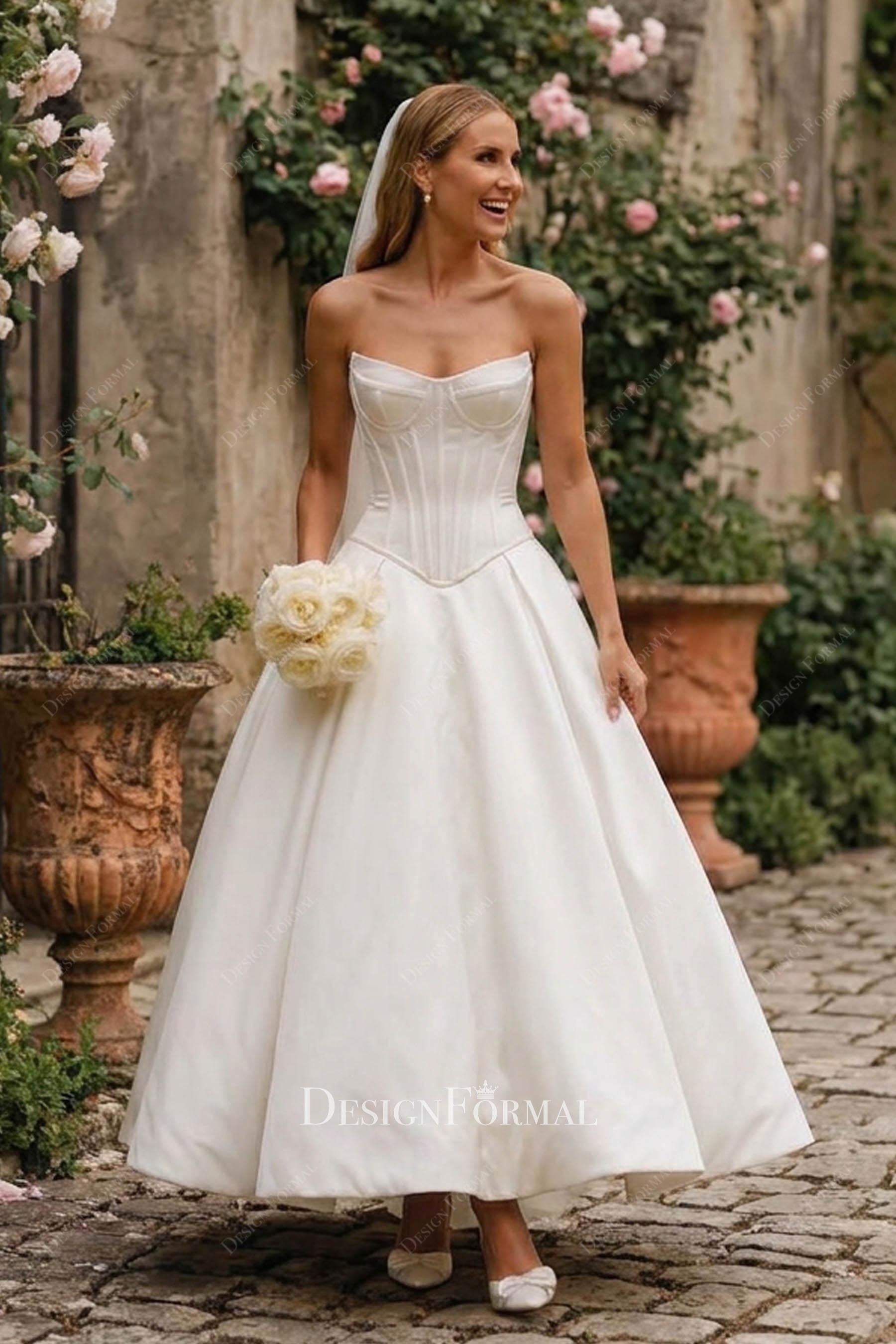 ivory strapless Mikado wedding dress
