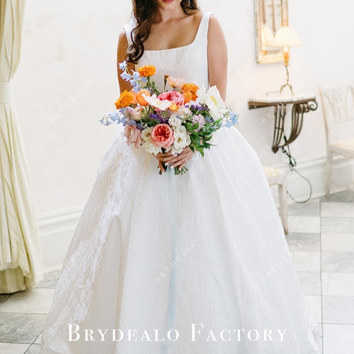Jacquard Wide Straps Square Neck A-Line Wedding Dress, Dress+Veil Jacquard Wide Straps Square Neck A-Line Wedding Dress, Dress+Veil