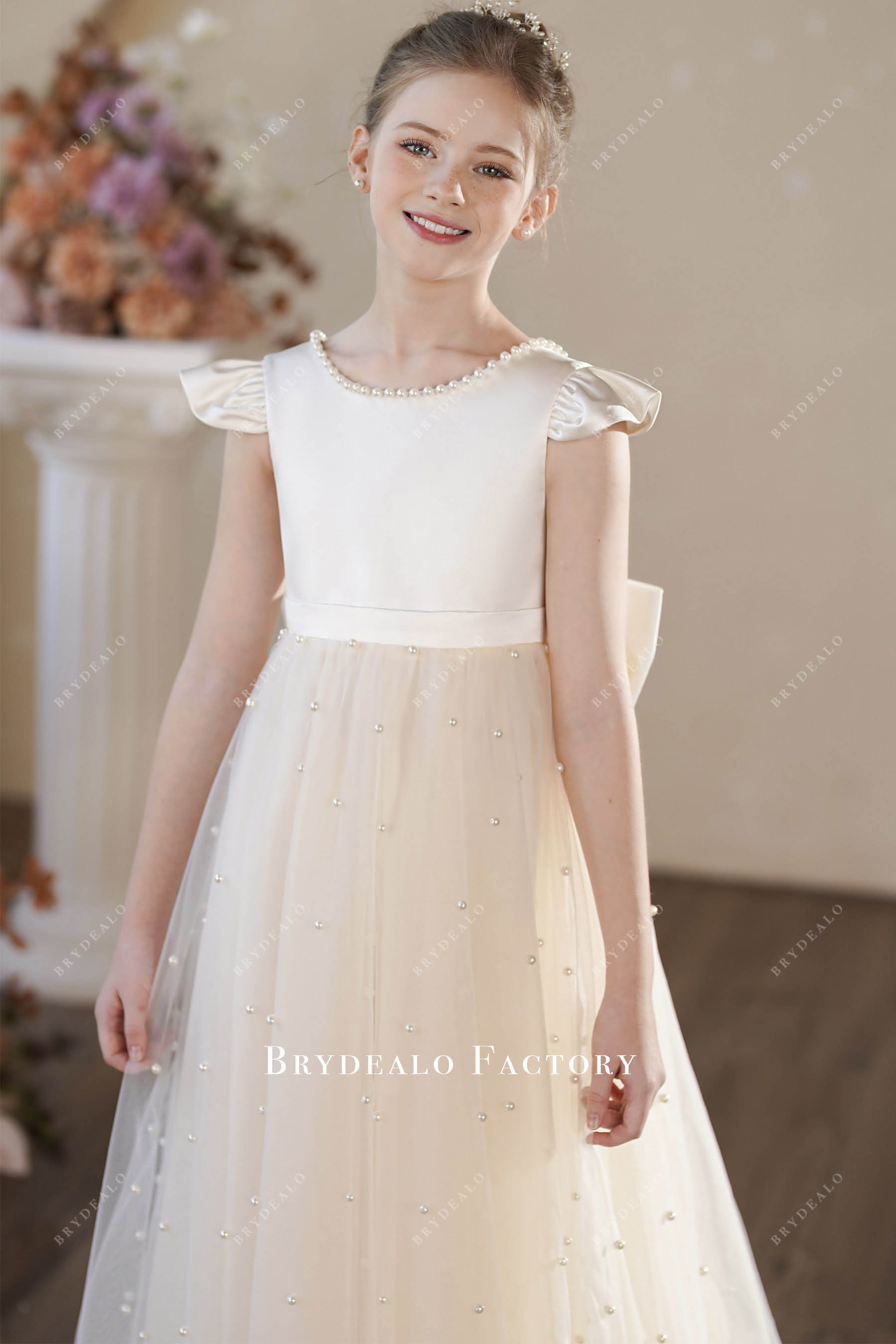 jewel neck cap sleeve satin flower girl dress