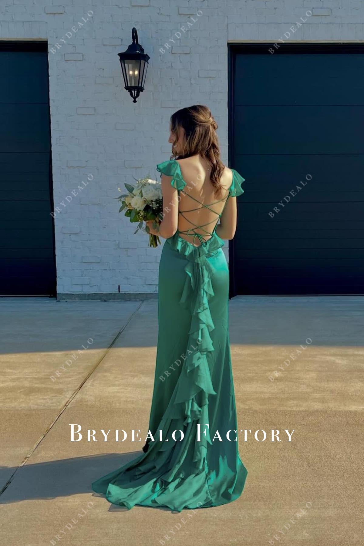 jungle green crisscross back prom dress