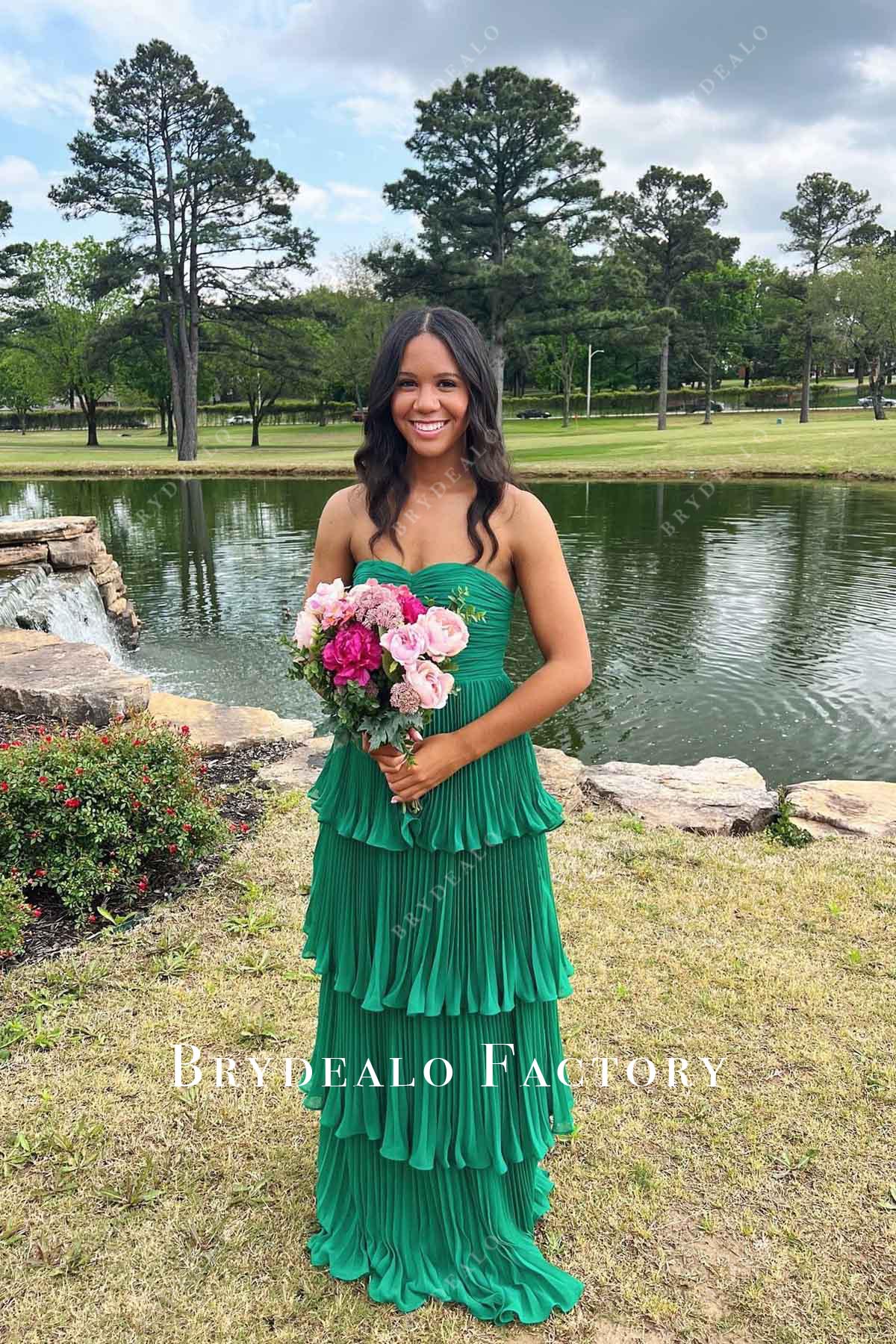 jungle green strapless prom dress