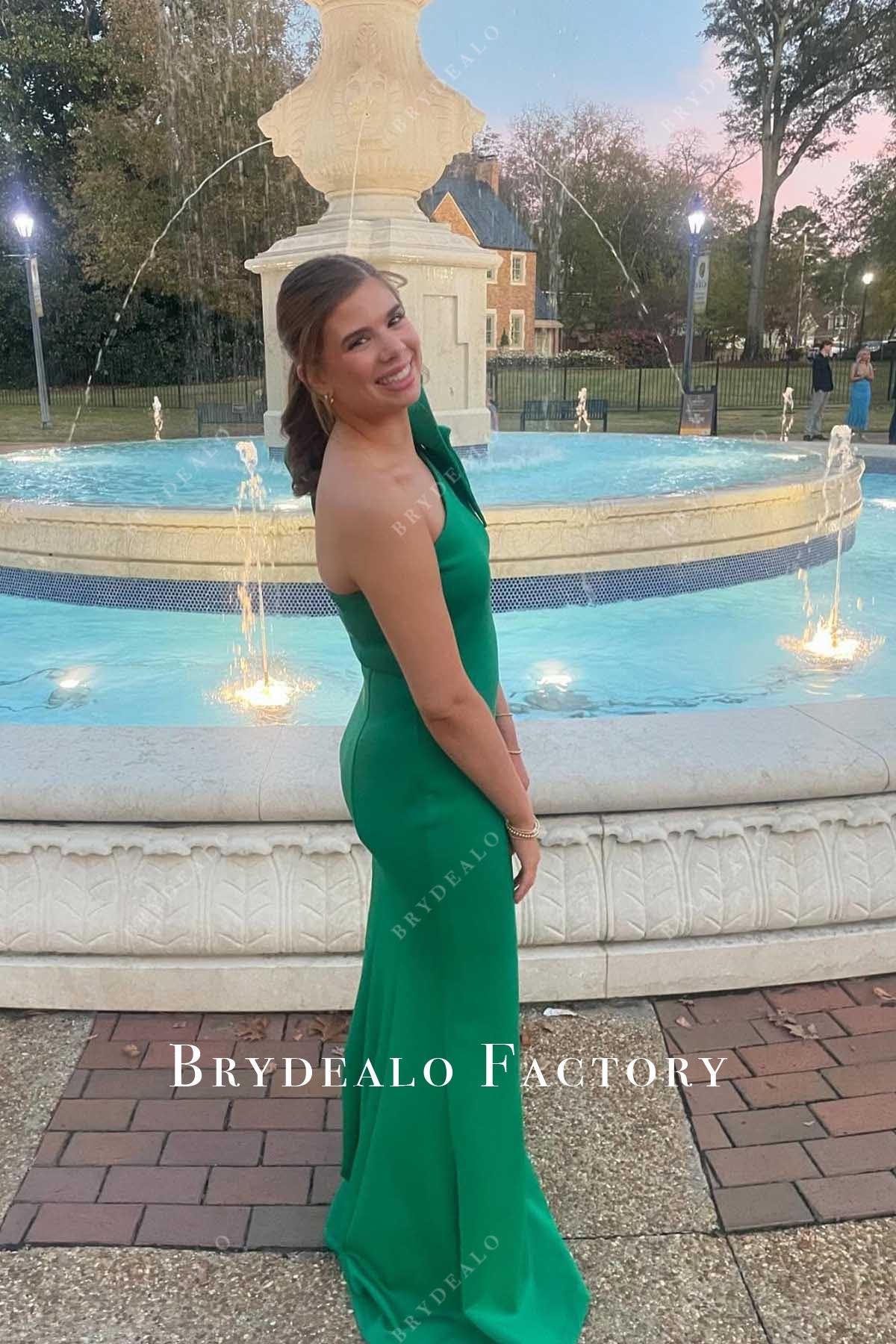 jungle green sweep train prom dress