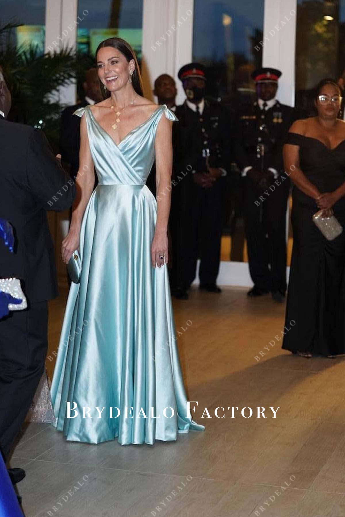 Kate Middleton Ice Blue Satin V-neck Dress Bahamas 