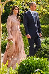 Kate Middleton Pink Long Sleeve A-line Wedding Guest Dress