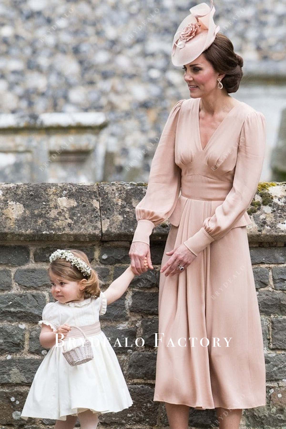 Kate Middleton Pearl Pink V-neck Wedding Guest Dress 2017
