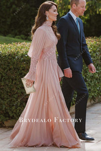 Kate Middleton Pink Long Sleeve A-line Wedding Guest Dress