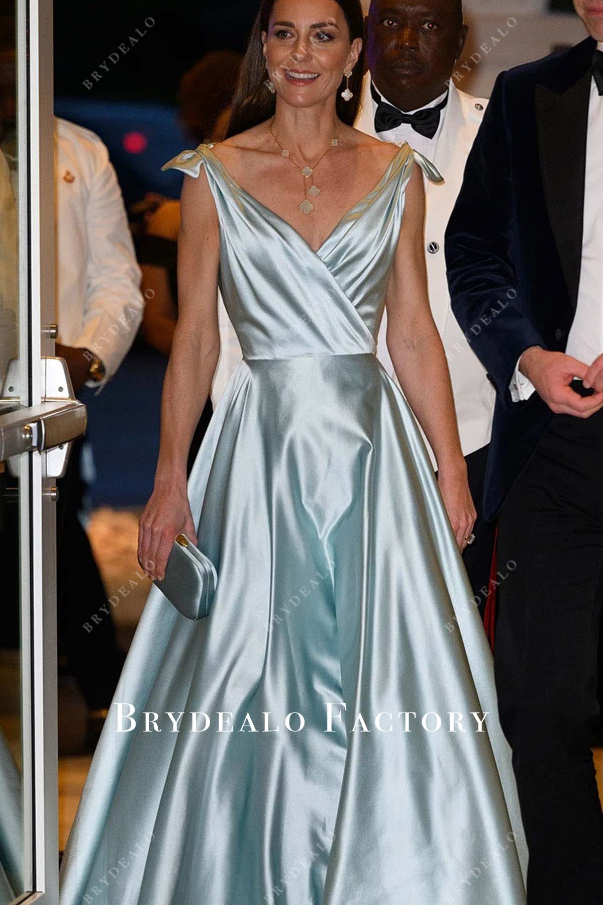 plunging V-neck wrapped ice blue Kate Middleton gown