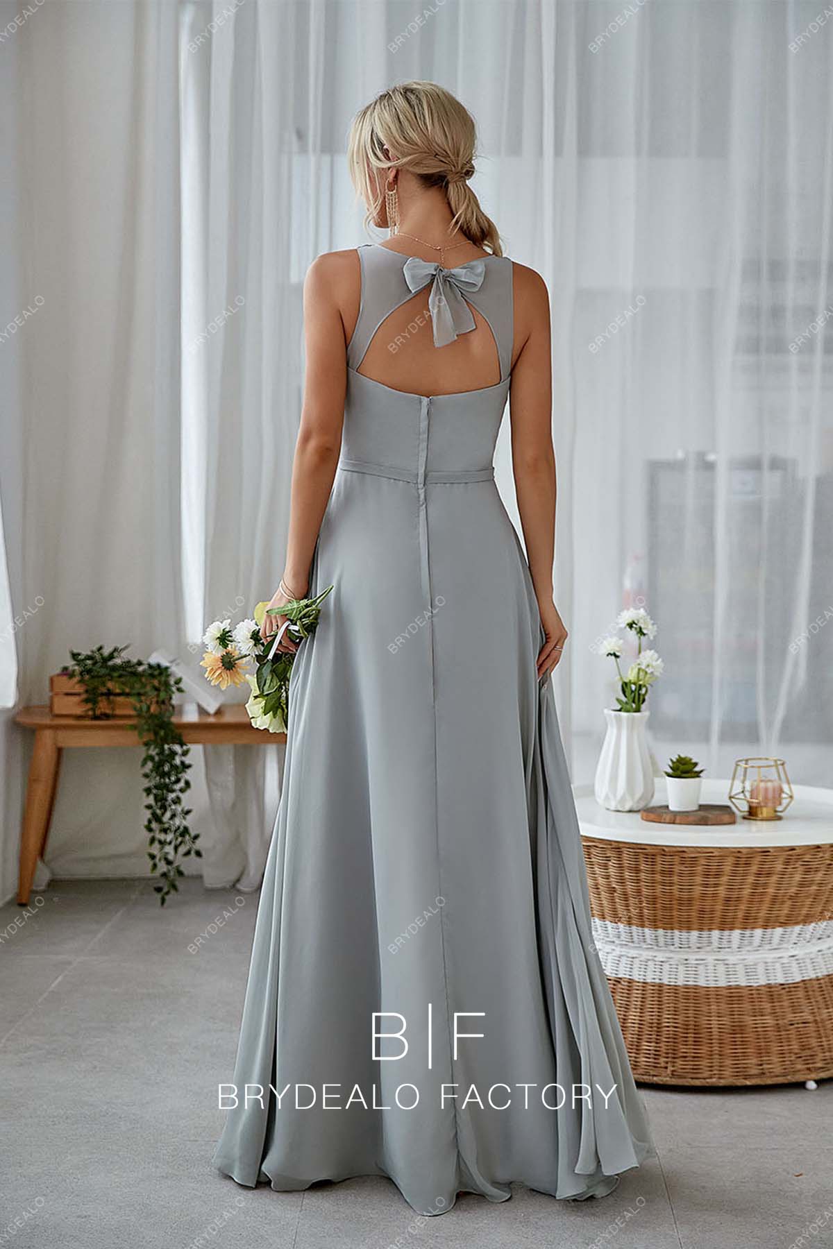 Silver Chiffon Sleeveless A-Line Floor Length Pockets Bridesmaid Dress