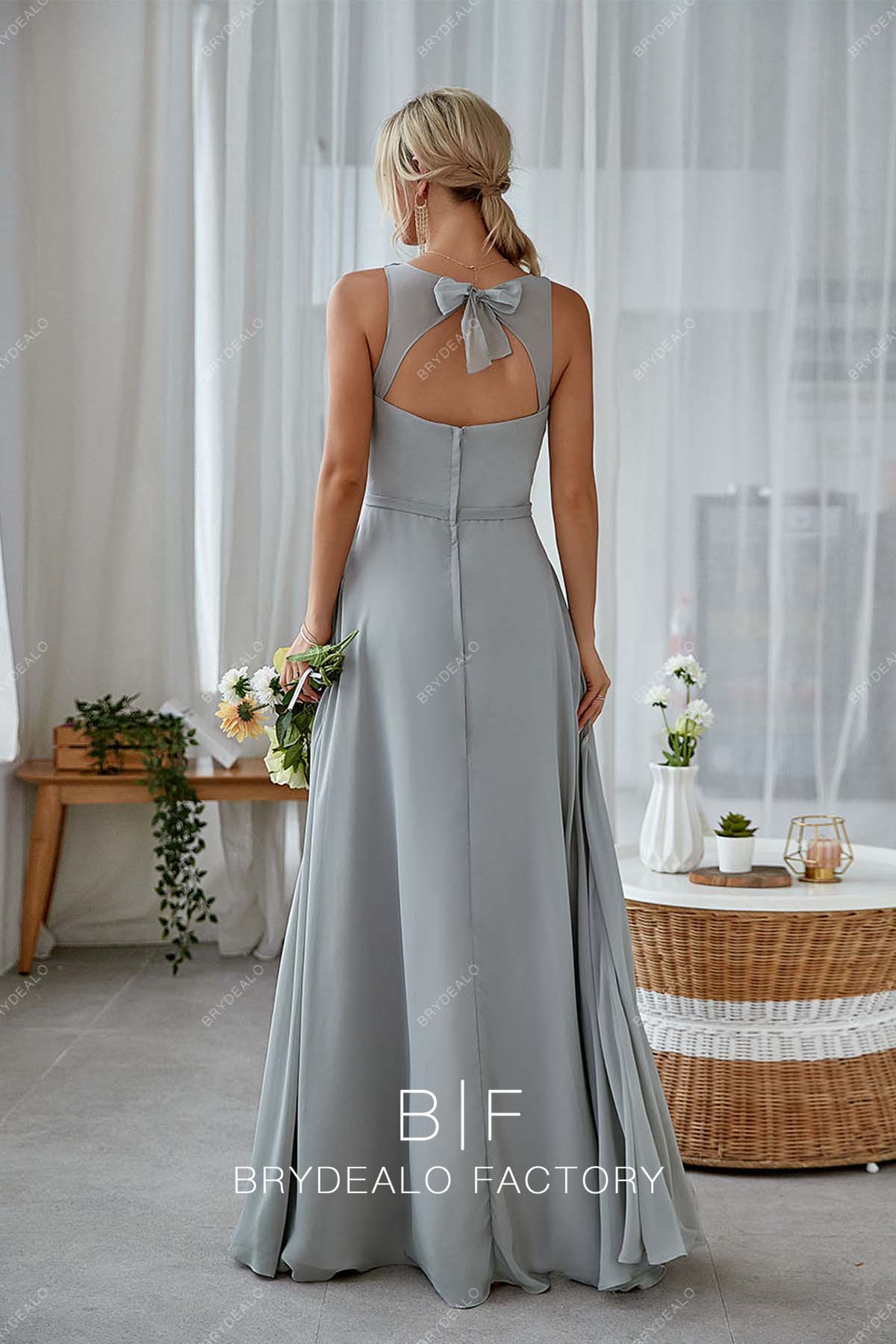keyhole back gray chiffon bridesmaid dress