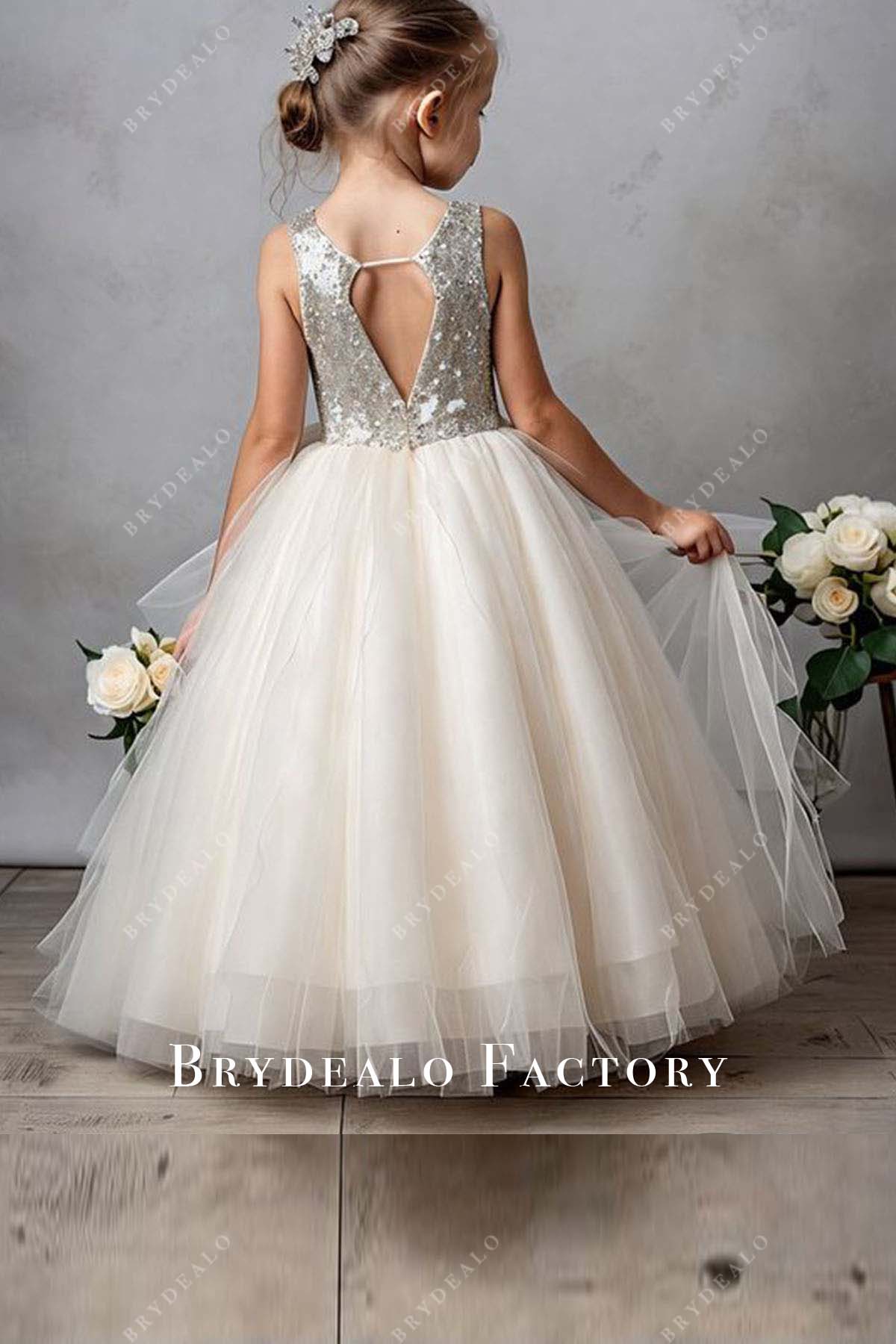 keyhole back silver sequin ivory tulle flower girl dress