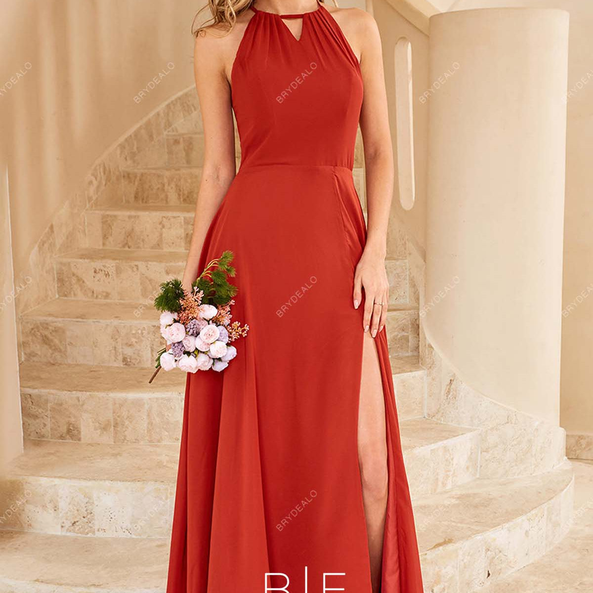 Red Keyhole Neck Sleeveless A-Line Slit Modern Bridesmaid Prom Dress
