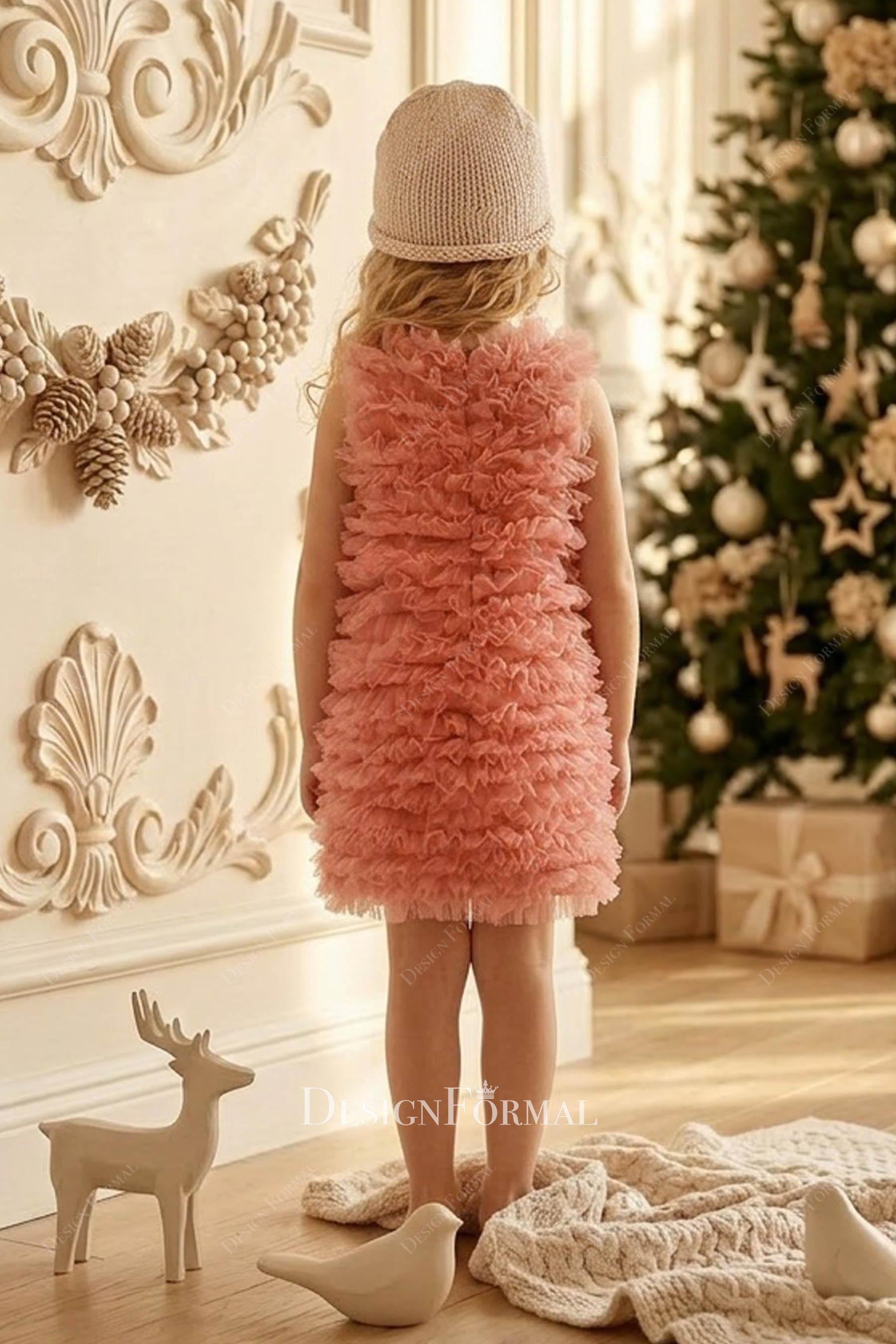 knee length pink tulle kids dress