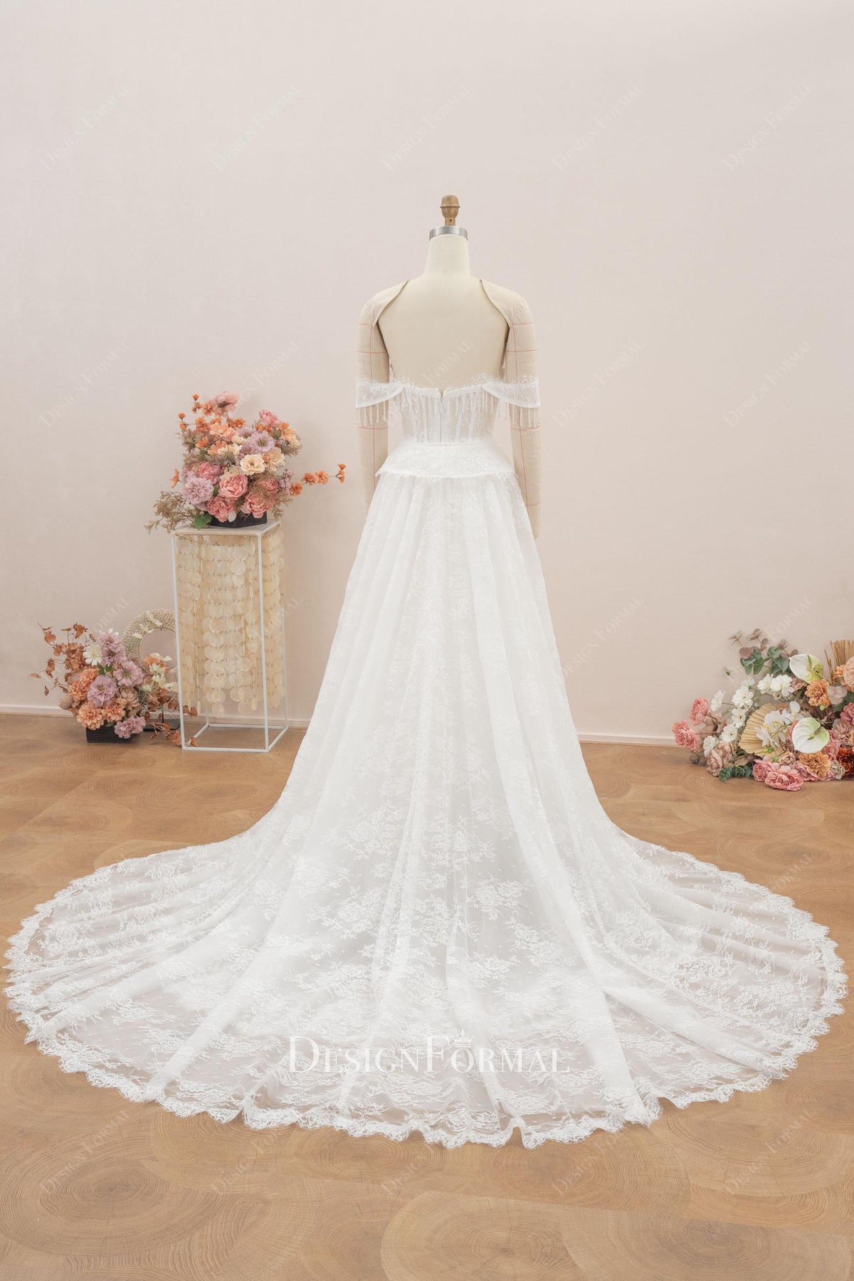 lace a line overskirt long wedding dress