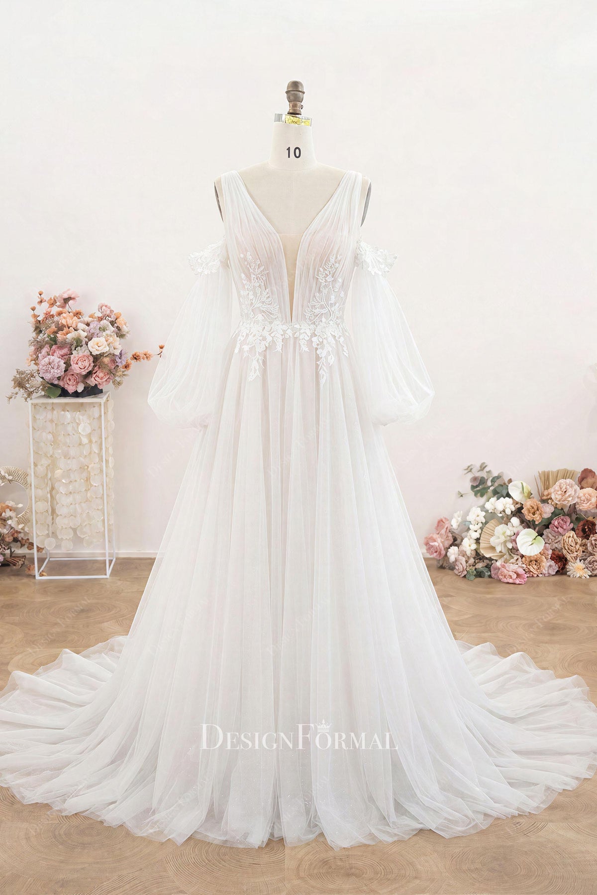 lace applique illusion sleeve a line wedding dress
