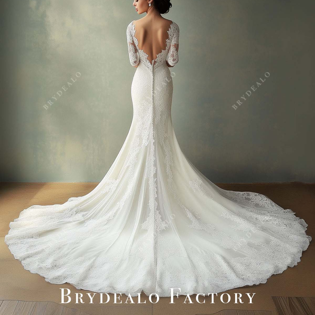backless sheer sleeve custom lace mermaid long train wedding dress