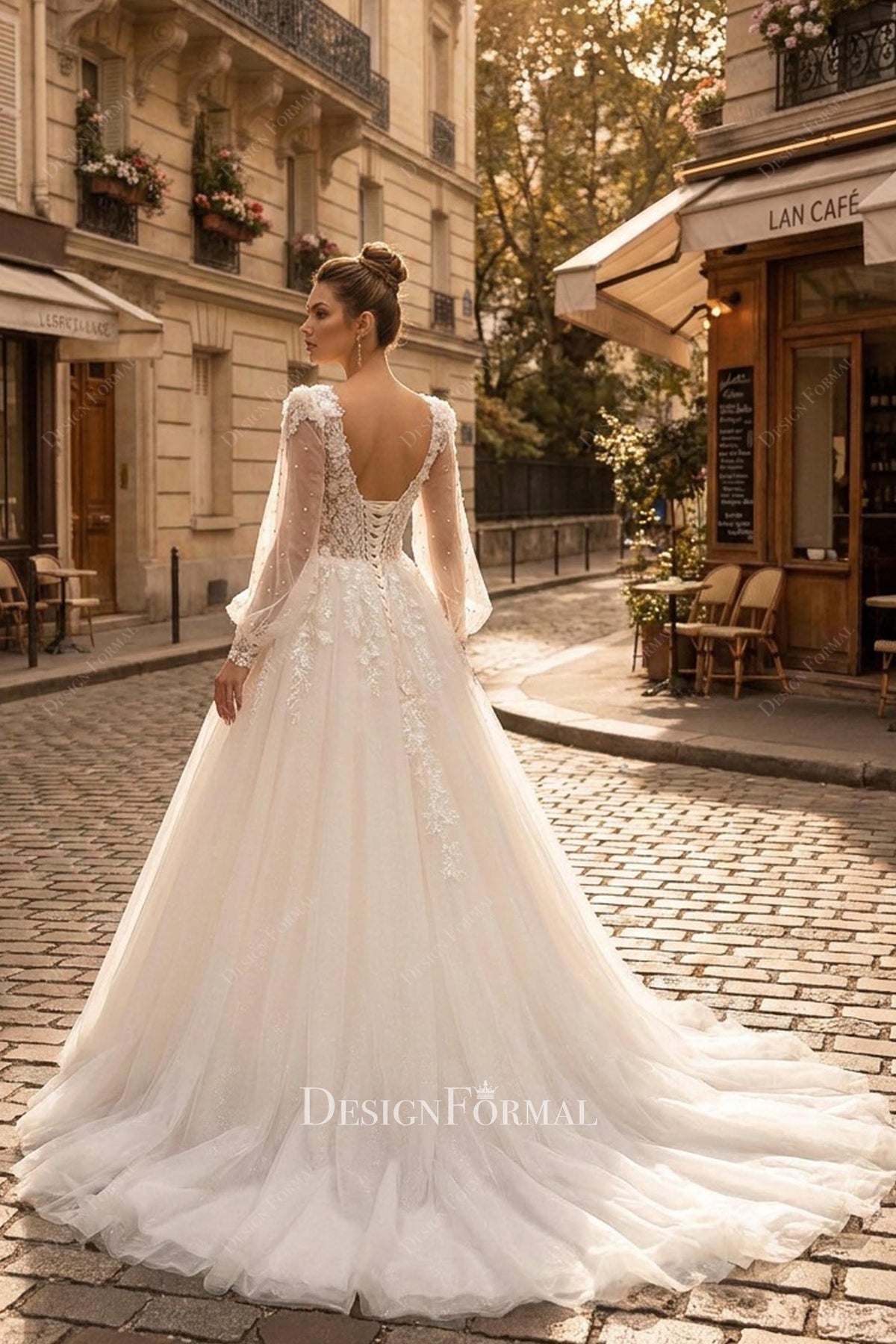 lace appliques a line long wedding dress